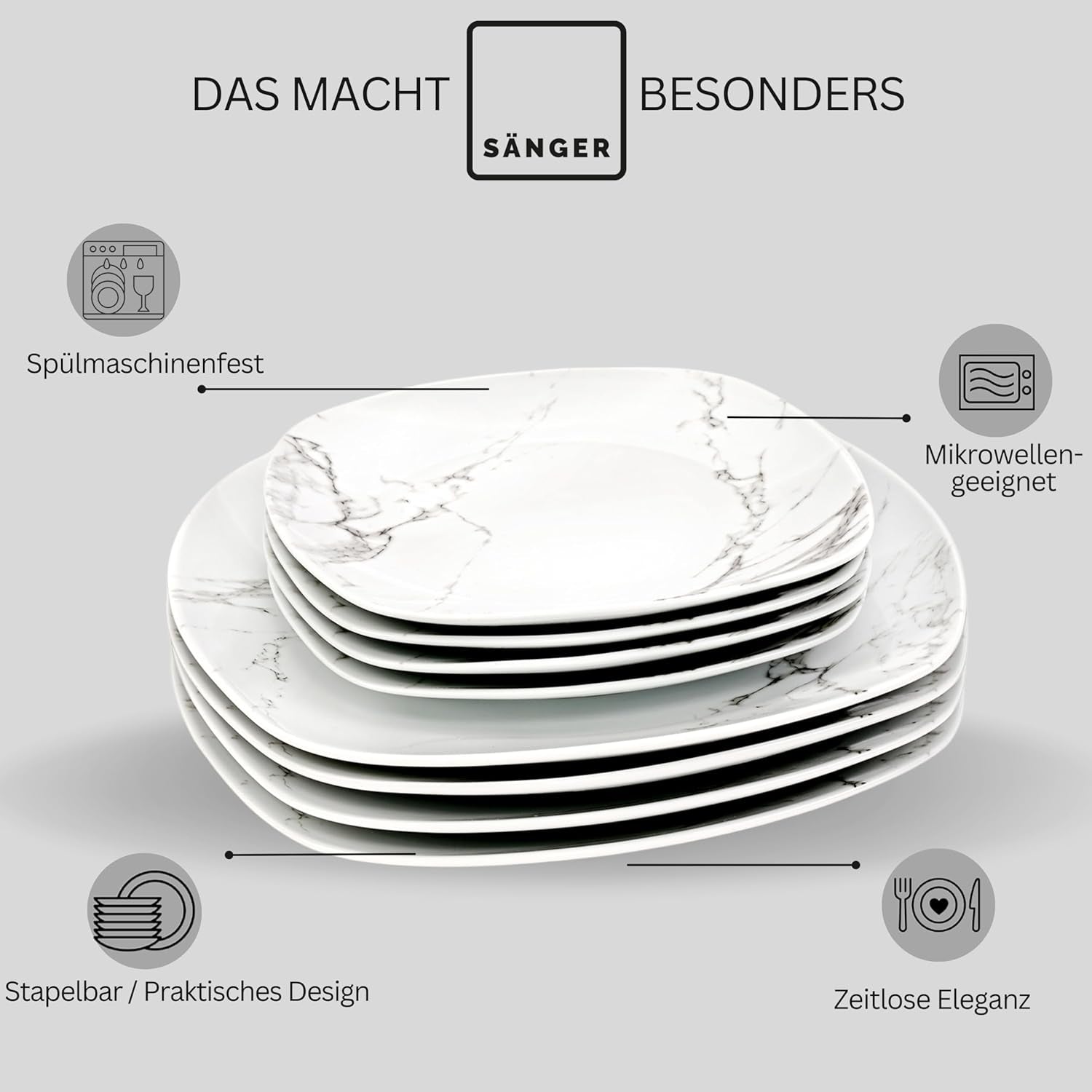 SANGER | Bilgola Marble Combination Servis Set 36-delat Servis Set för 6 med middagstallrikar, desserttallrikar, sumatallrikar, spannmålsskålar, kaffetallrikar och porslinsfat, fyrkantiga | PREMIUM KOLLEKTIONEN