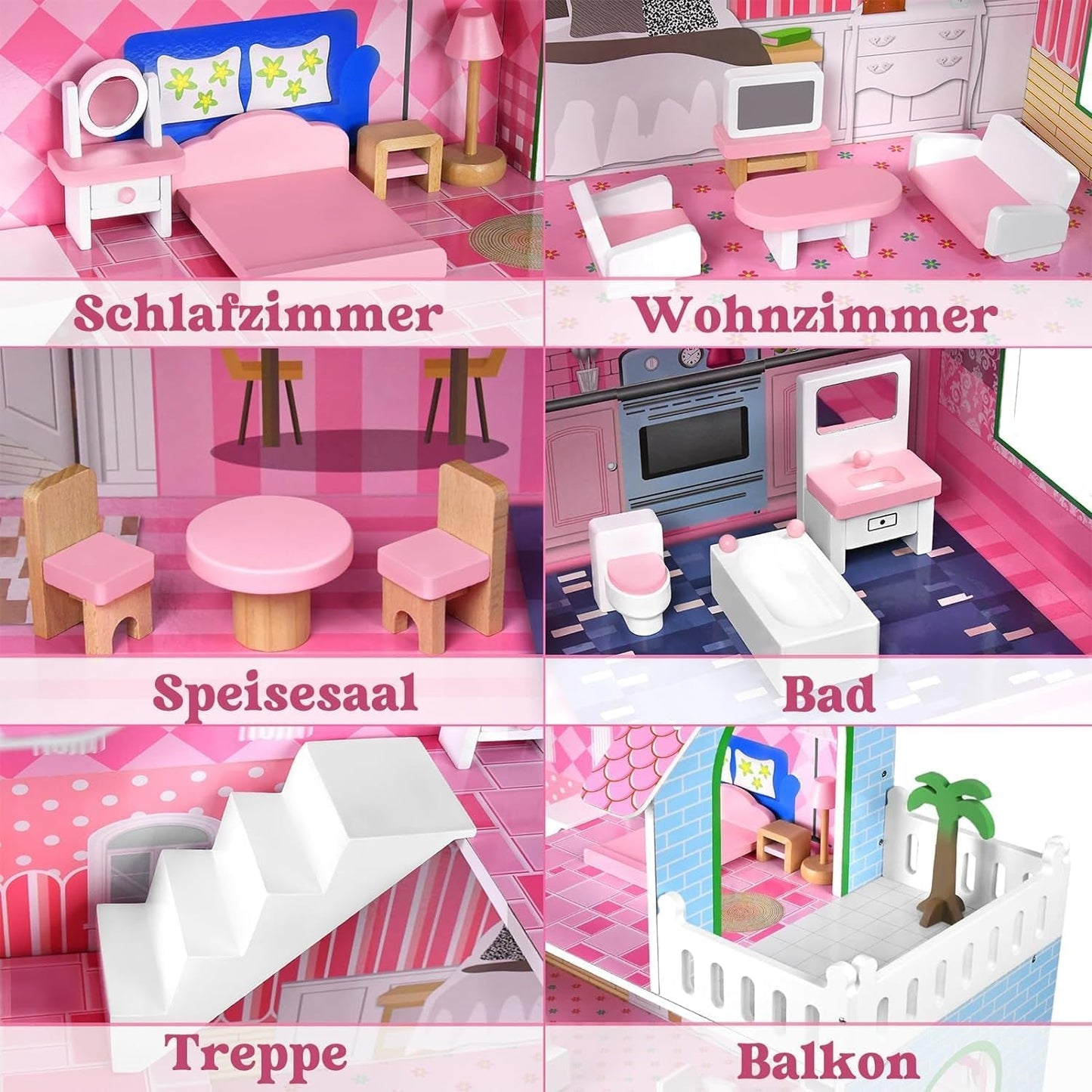 HENGMEI Puppenhaus Kinder Holz Puppenvilla Dollhouse Set Mädchen Spielset 3 Etagen Haus mit Möbeln och Zubehör, 70x30x100cm Puppenhäuser für Kinder (Typ B)