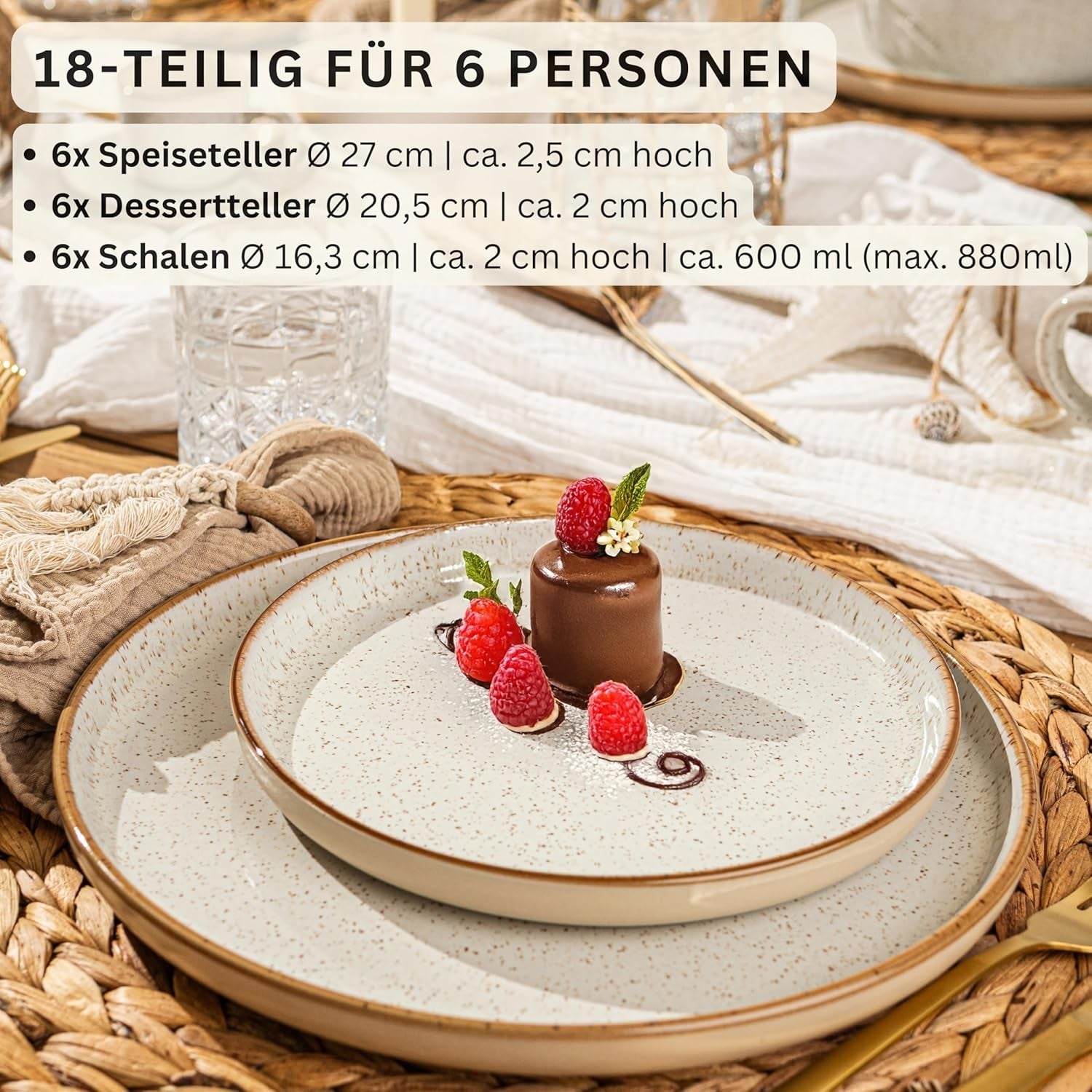 SÄNGER Rio Creme | 18-delat servisset i stengods för 6, inklusive 6 middagstallrikar, 6 desserttallrikar och 6 skålar | VÄRDESAMLING