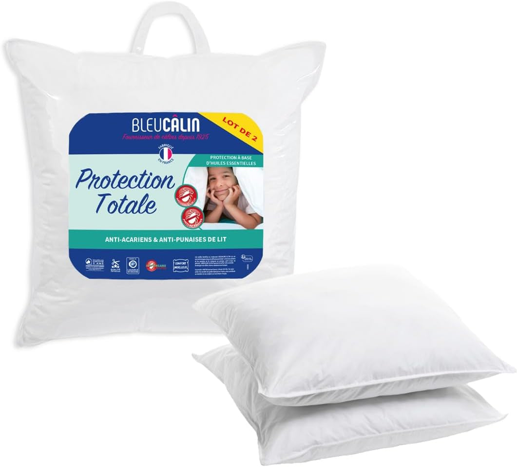 Bleu Câlin set med 2 anti-kvalster, anti-bug kuddar, fluffig komfort, 60 X 60 Cm, mikrofiberöverdrag, fullt skydd, vita Naty Shop standardkuddar 60X60 Cm