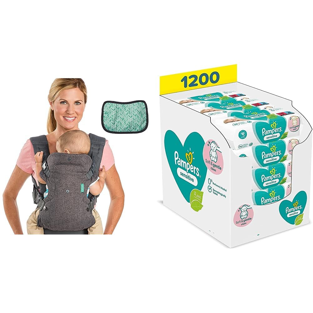 Pampers Sensitive Flip Advanced 4-i-1 bärsele med haklapp och våtservetter, 1200 våtservetter (15 x 80) för bebisens känsliga hud, dermatologiskt testad, nyfödda basprodukter
