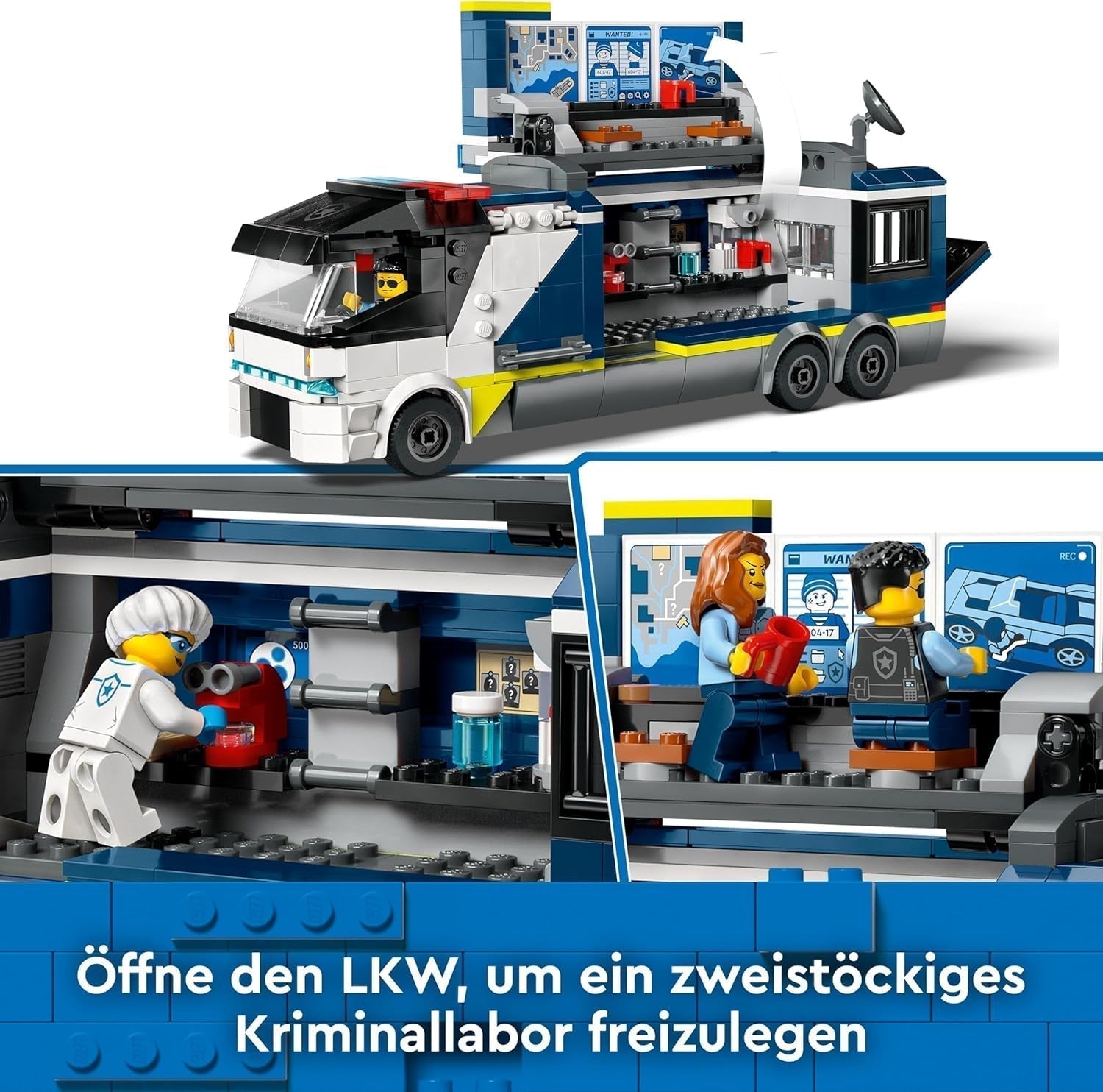 LEGO City polisbil med labb, fyrbäddspolisset och leksaksbil för barn, present till pojkar och flickor från 7 år och uppåt, plus 5 minifigurer - 2 poliser, 1 forskare och 2 skurkar 60418 Byggset Beuche den LEGO-Store