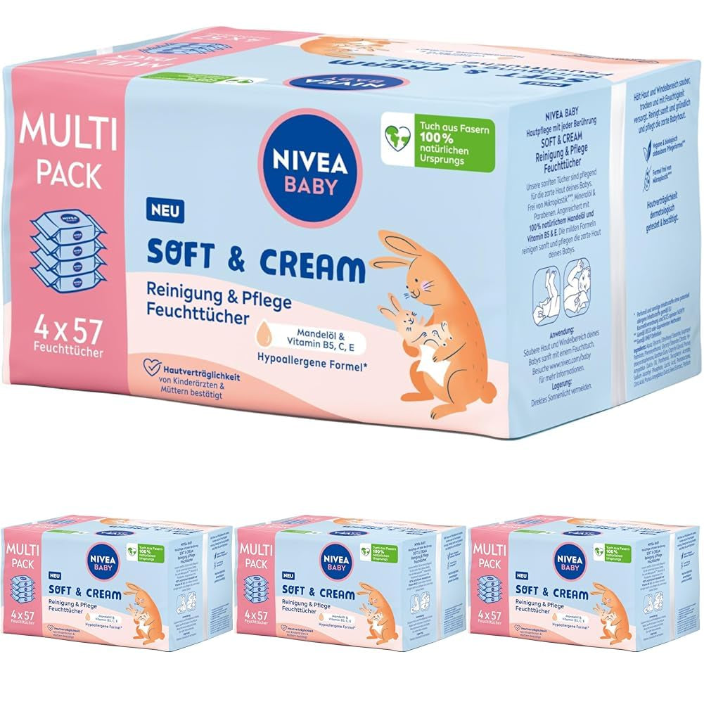 NIVEA BABY Soft & Cream våtservetter för bebisar (4 x 57 stycken)