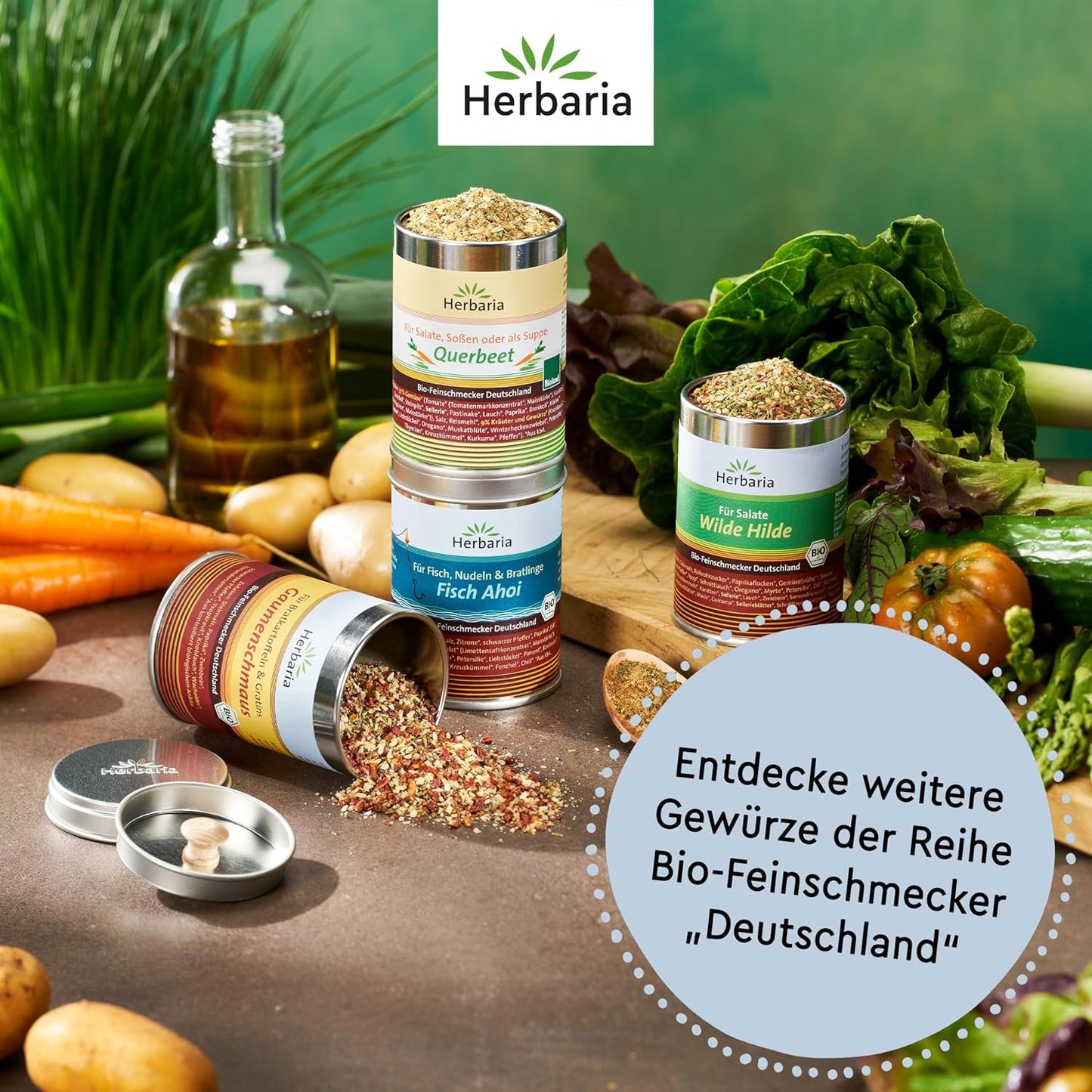 Herbaria Himmel auf Erden bio 100g M-Dose – fertiges Bio-Gewürzsalz für Rind-, Kalb- och Schweinefleisch als Braten eller Kurzgebratenes – in nachhaltiger Aromaschutz-Dose