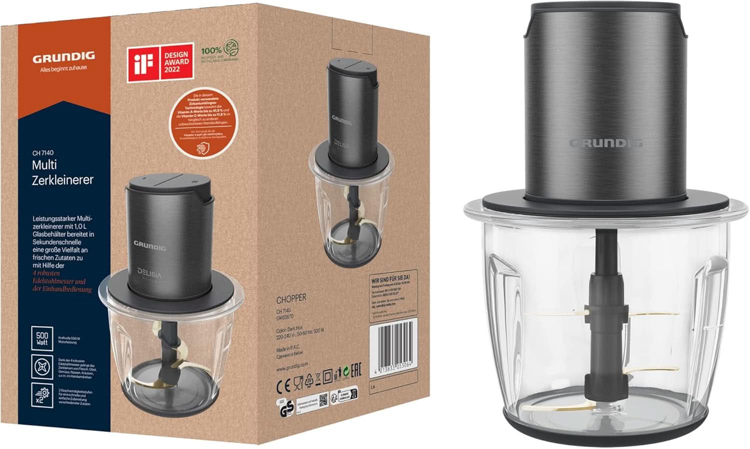 Grundig Delisia Novus CH 7140 Professionell Multi-Zerkleinerer, 500 Watt, 4 Edelstahlmesser Mit Zirkonium-Beschichtung, 1L Glasbehälter, 2 Stufen, Anti-Slip-Unterlage, Dark Inox/Schwarz Kitchen Naty Shop