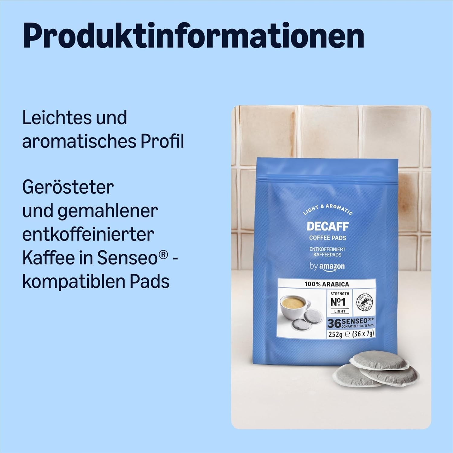av Amazon Entkoffeinierte 100% Arabica-Kaffeepads, geeignet für Senseo-Maschinen, medium Röstung, 36 Stück (1 Packung mit 36 ​​​​Stück) – Rainforest Alliance-zertifiziert