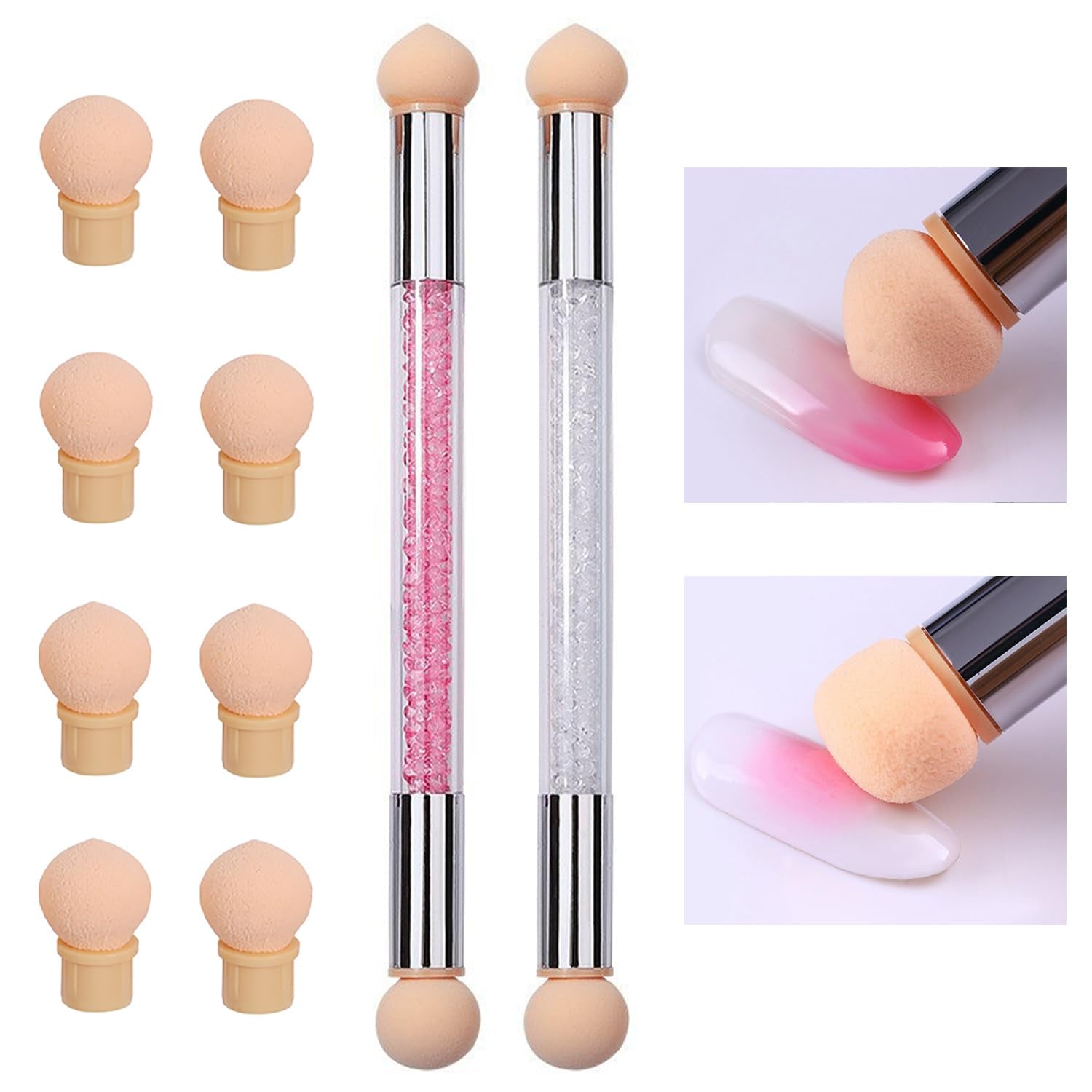 2 Stück Nail Art Rendering-Werkzeuge Doppelter Kopf, Sponge Brush Applicator Inkl 8 Ersatzköpfe, Nail Art Schwamm Und Tupfpinsel(Weiß, Rosa)