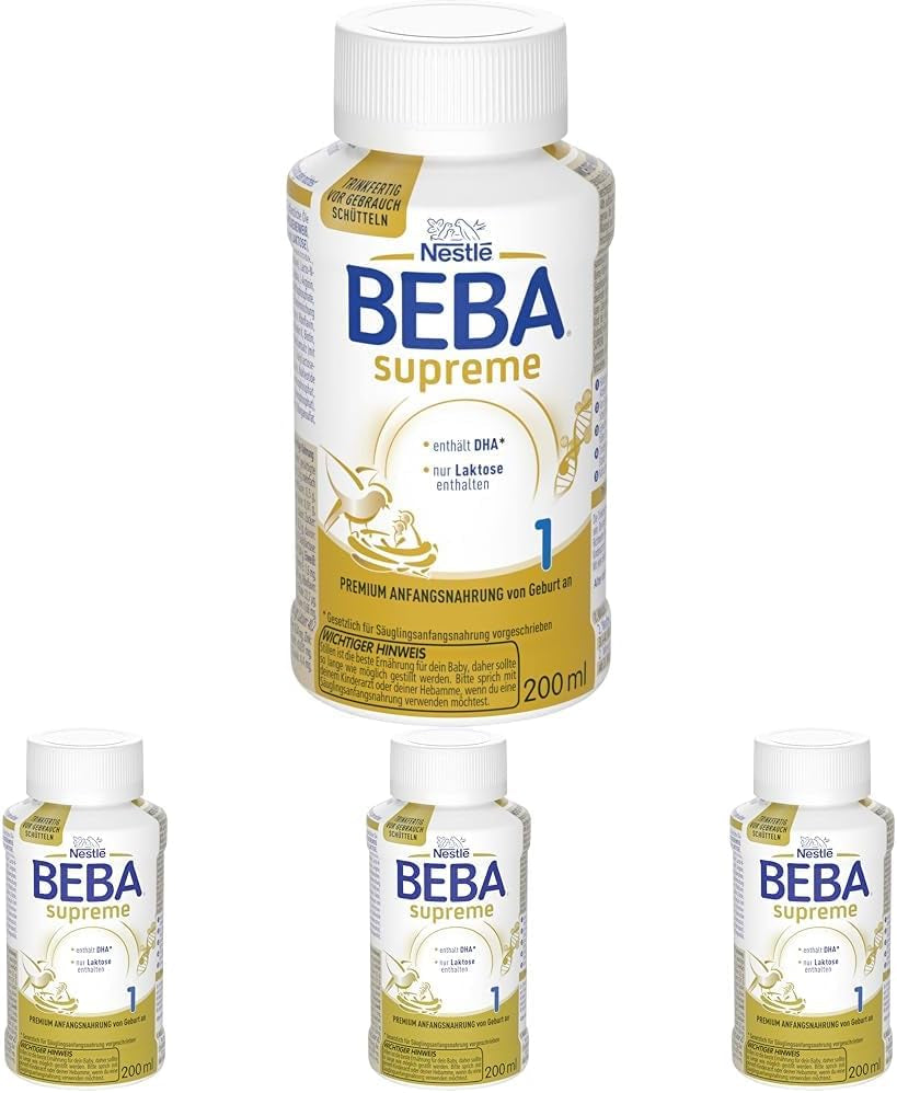 BEBA Nestlé BEBA SUPREME 1 Spädbarnsmjölk: drickfärdiga flaskor med Omega 3, förpackning om 4 (1 x 200 ml)