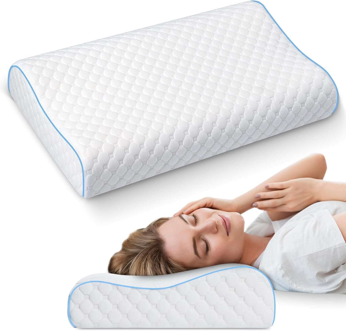 PHYSEN Ortopedisk kudde Nackkudde, Nackstödskudde, Memory Foam Kudde, Ergonomisk Nacksmärtskudde Sovkudde Anti-snarkningskudde för sidor, rygg och mage (62 * 34 * 11 6,5 cm) Cervikala ortopediska kuddar Naty Shop Vit-Blå