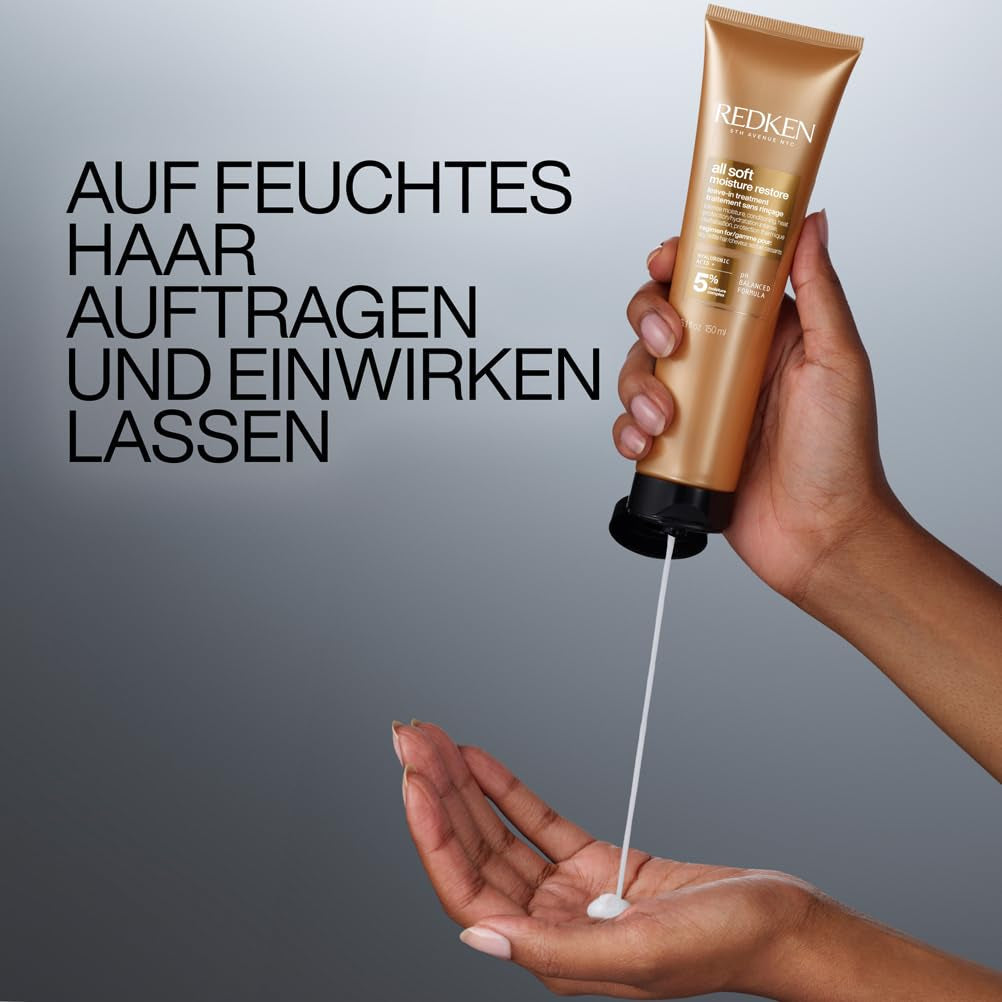 Redken hårmask med hyaluronsyra för torrt hår, anti-frizz och värmeskydd upp till 230°C, All Soft Moisture Restore Leave-In Mask, 1 x 150 ml Naty Shop Hair Mask