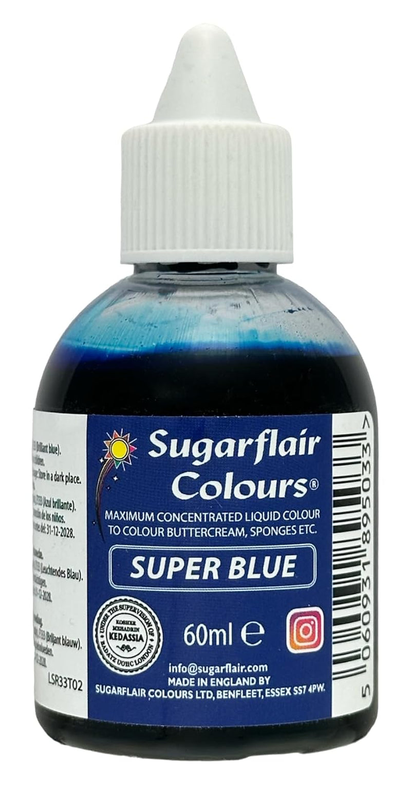 Sugarflair Super Blue Liquid Food Coloring - Högkoncentrerad matfärg för färgning av sugarpaste, smörkräm, frosting, makroner, tårtdekorationer och mer - 60ml