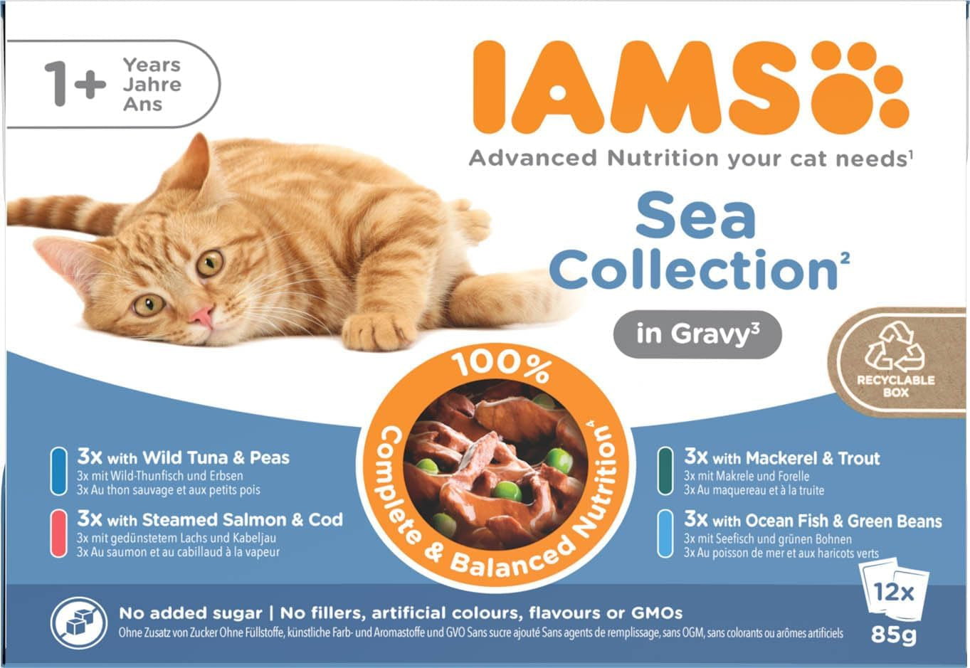 IAMS Delights Sea Collection Katzenfutter Nass - Multipack mit Fisch Sorten (Lachs, Thunfisch, Makrill, Seefisch) i sås, Nassfutter für Katzen från 1 Jahr, 12 x 85g