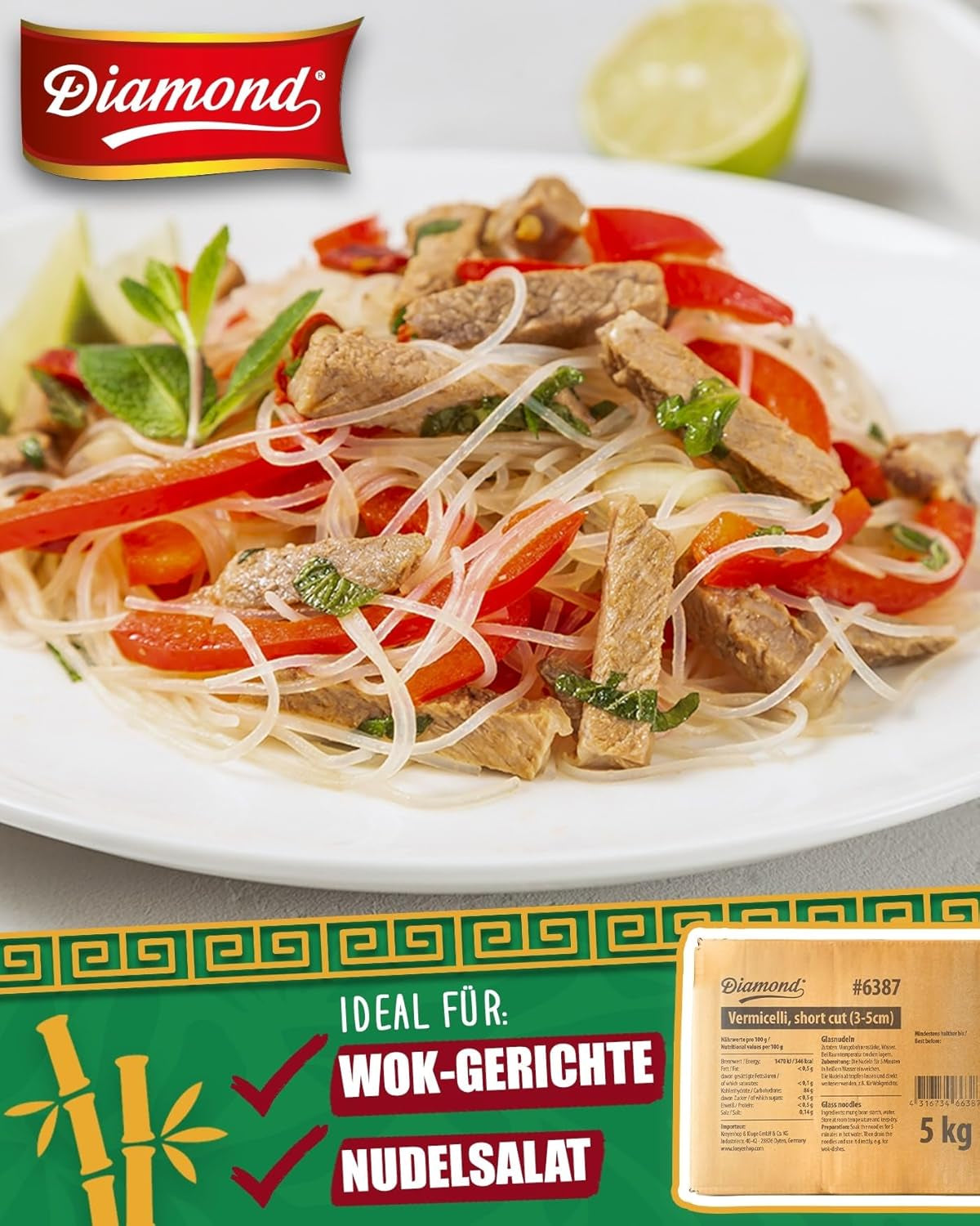 DIAMOND glasnudlar, korta mungbönor stärkelse glasnudlar, naturligt veganska och glutenfria - 1 x 5 kg