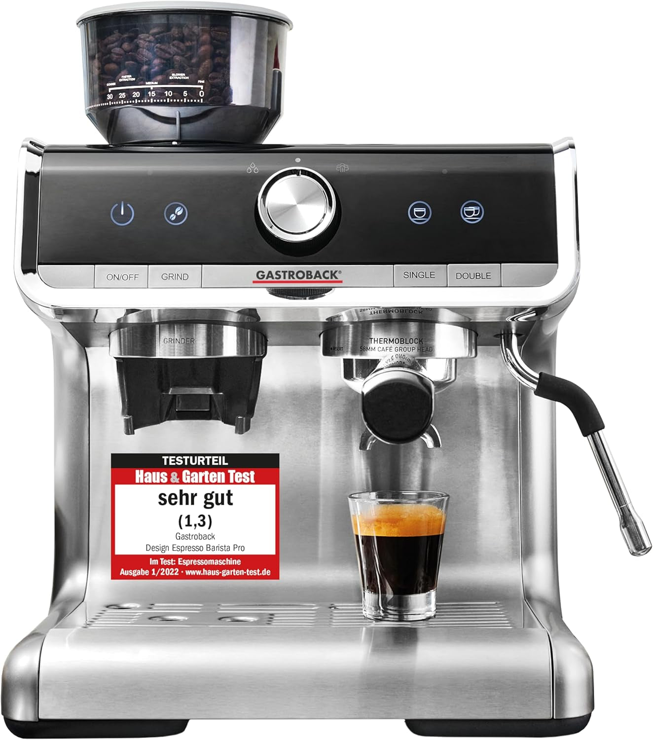 GASTROBACK espressomaskin med kvarn inklusive mjölkkanna, pressare och rostfritt stålportafilter - Barista espressomaskin med mjölkskummare - Espressomaskin med 30 malinställningar