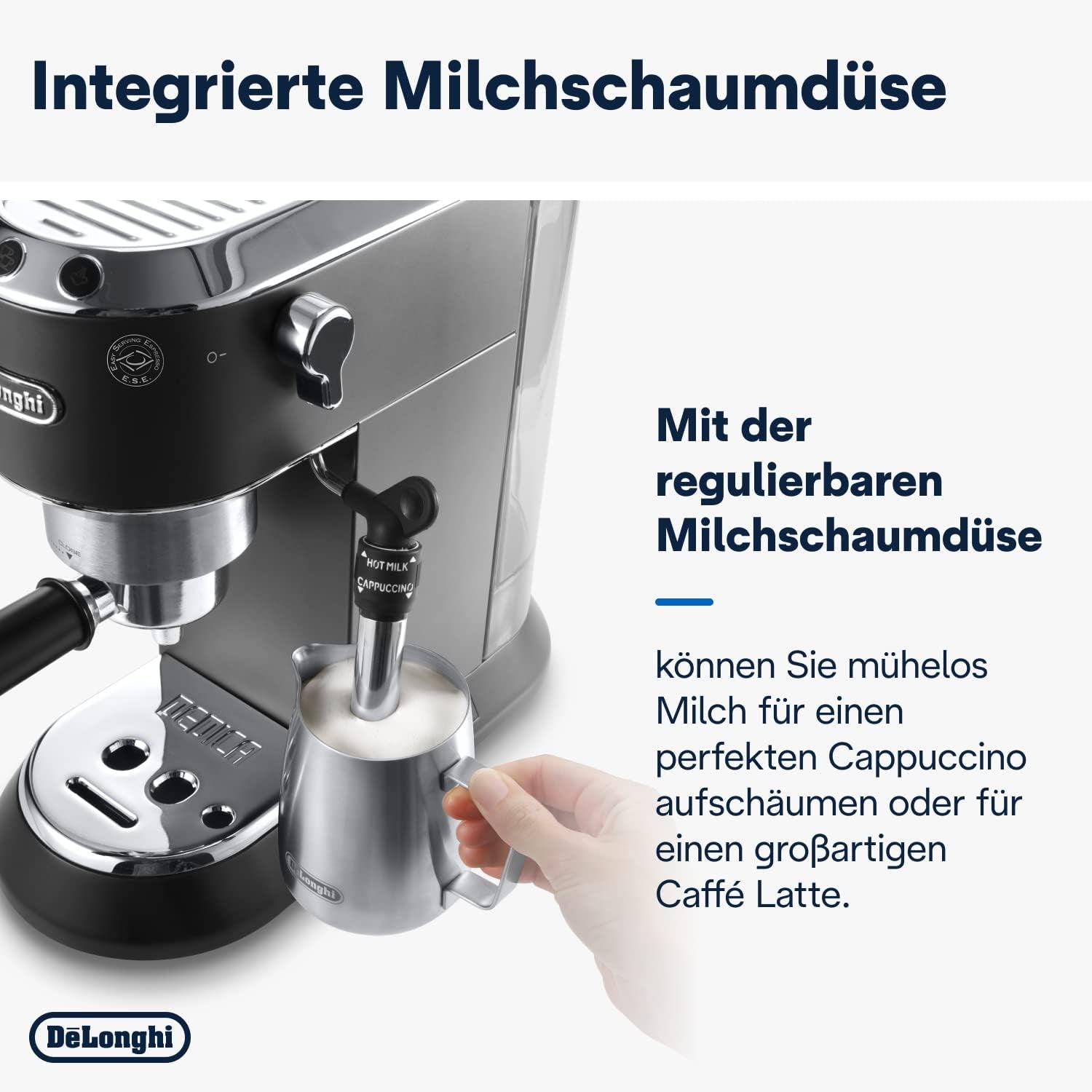 De'Longhi Dedica Style EC 685.B – Espressomaskin med portafilter, espressomaskin med professionell mjölkskummare, endast 15 cm bred, för malet kaffe eller ESE-kapslar, 1 l vattentank, svart