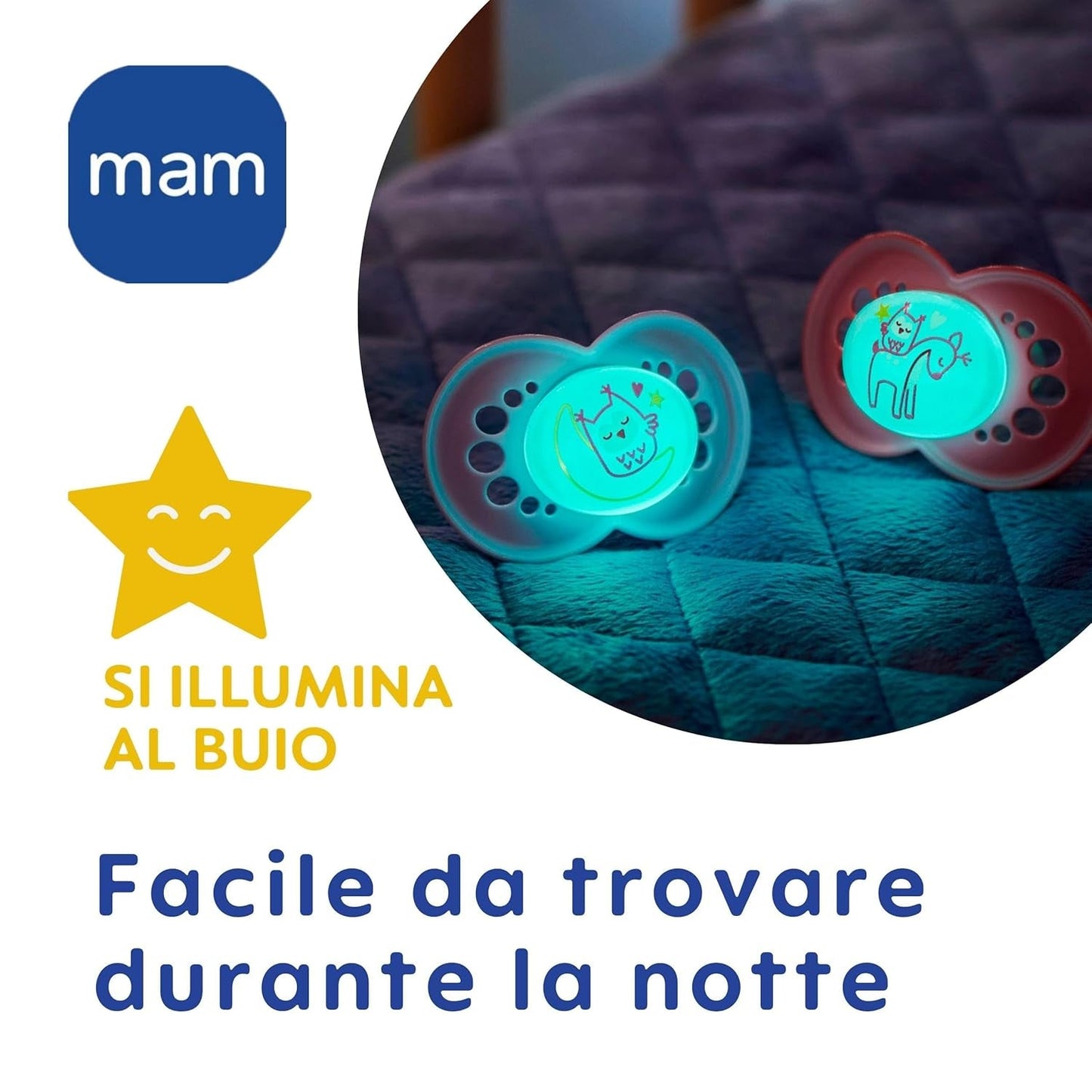 MAM Napp 6+ månader (2 Pack) MAM 6-16 Months Glow in the Dark med gumminapp, 2 Pack med steriliserande napphållare, Ljusblå/Ljusblå