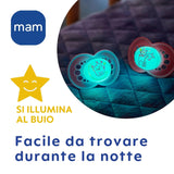 MAM Napp 6+ månader (2 Pack) MAM 6-16 Months Glow in the Dark med gumminapp, 2 Pack med steriliserande napphållare, Ljusblå/Ljusblå