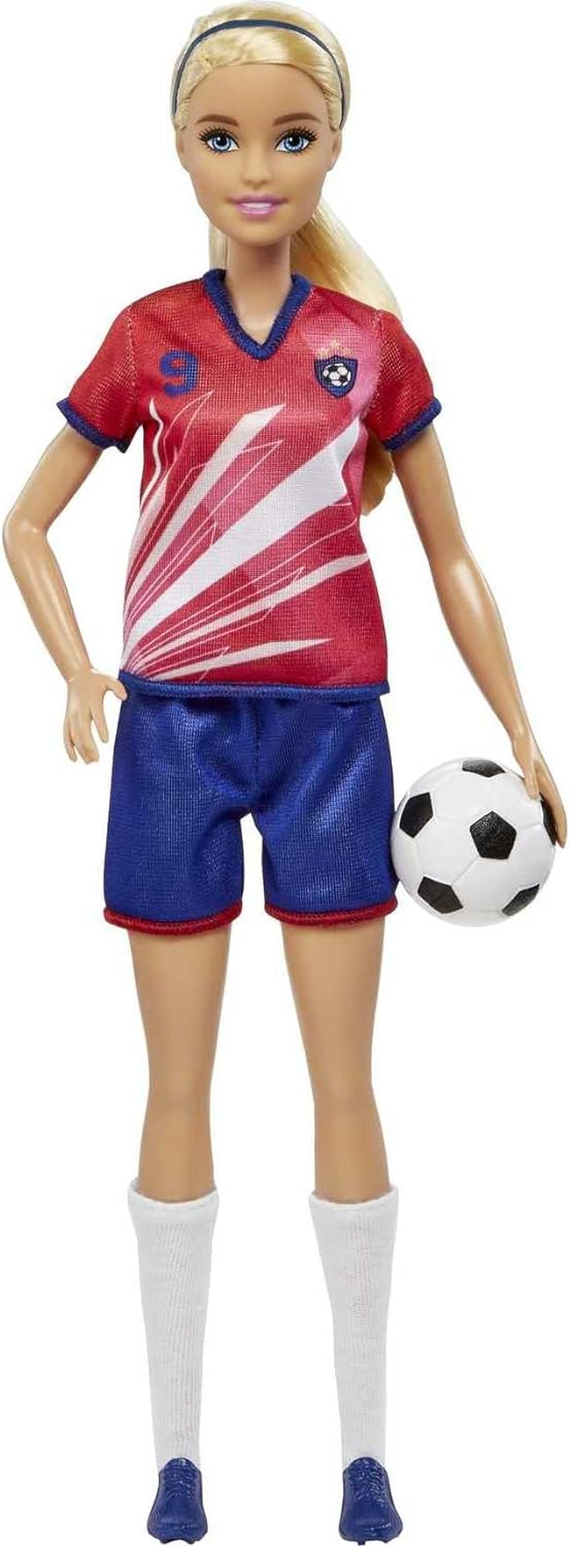 Barbie You Can Be Anything-serien, fotbollsspelare, fotbollsspelare med blondt hår, röd och blå tröja, boll, tillbehör, docka ingår, present från 3 år och uppåt, HCN17