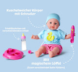 Simba 105010964 - Laura Hungry soft body docka med skyltdocka, trollsked, flaska med försvinnande innehåll och tallrik, 38cm, docka från 2 år Naty Shop Dolls