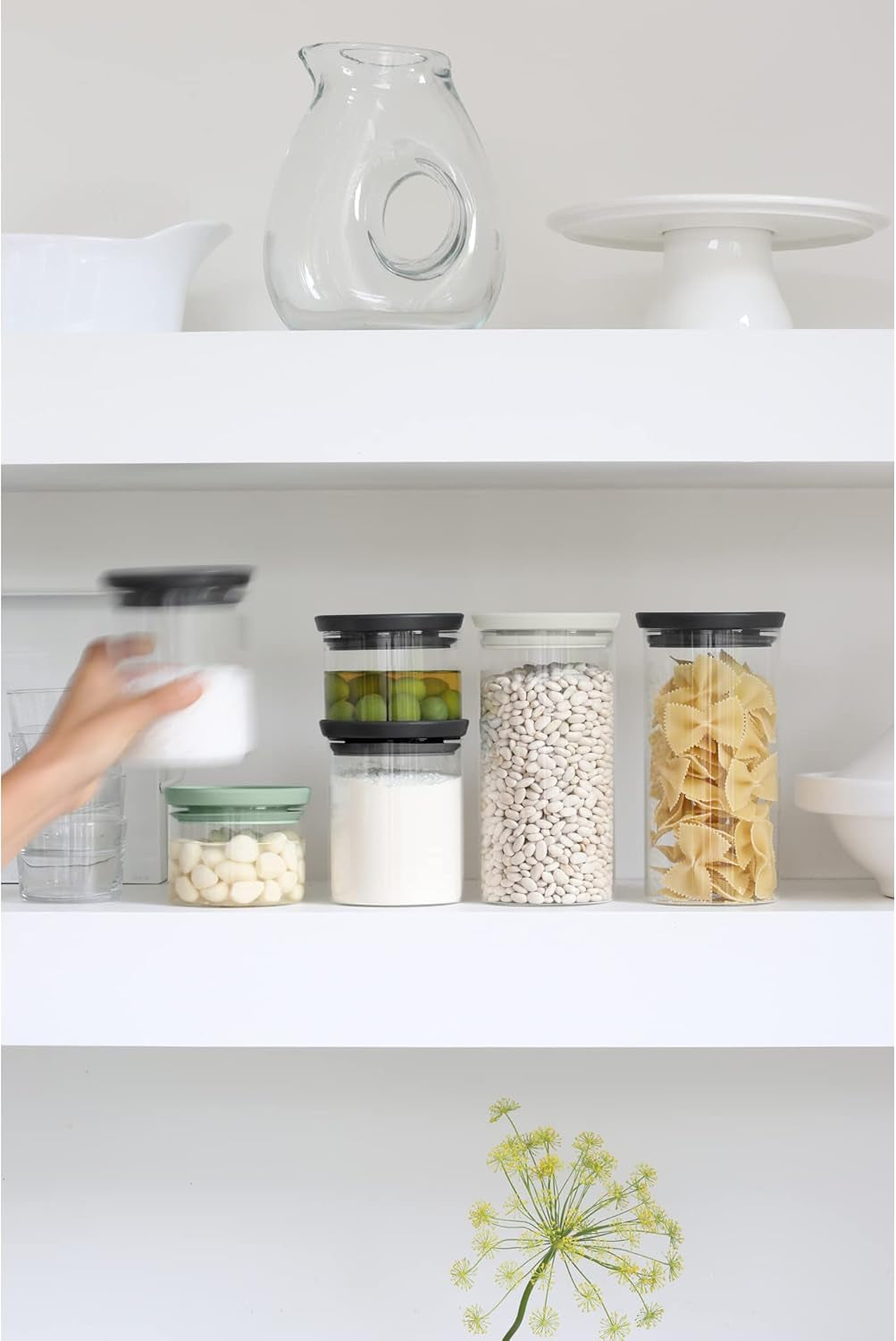 Brabantia - Stapelbar glasbehållare med lock - Set om 3 - Matförvaring - Håller maten fräsch längre - Silikonförsegling - Tål diskmaskin - Mörkgrå/Ljusgrå/Jadegrön - 0,3L/0,6L/1,1L Matförvaringslådor Naty Shop