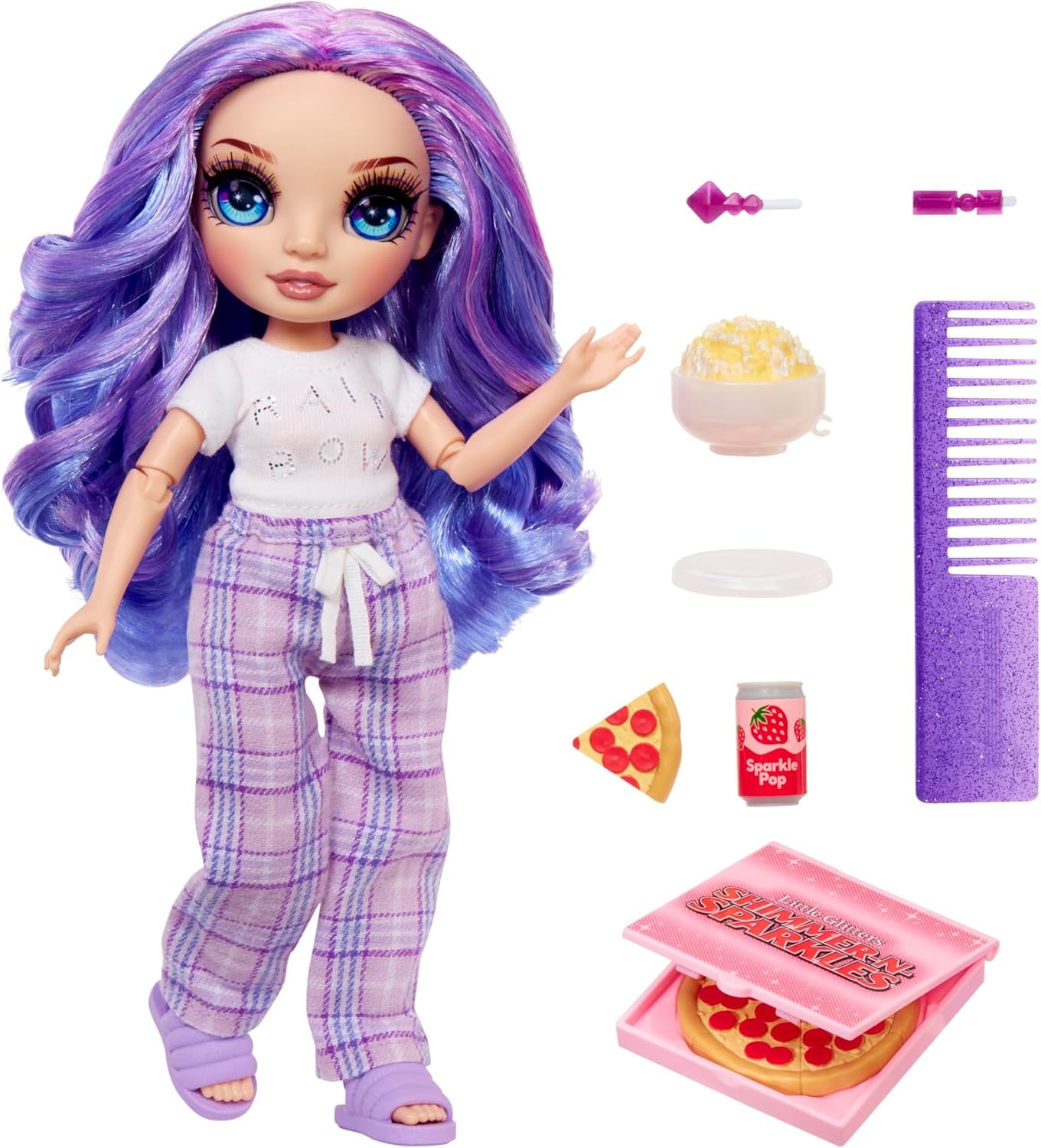 Rainbow High Junior High PJ Party Doll - Violett - 22 cm med mjuk jumpsuit, tofflor och lektillbehör - Barnleksak - Perfekt för 4-12 år