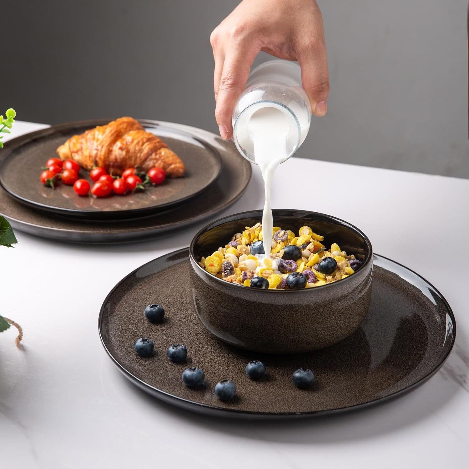 LeRatio 6-personers servisset, 18-delat porslinsservis set, reaktiv glasyr, reptålig skål och tallrik set, diskmaskin och mikrovågssäker, porslin