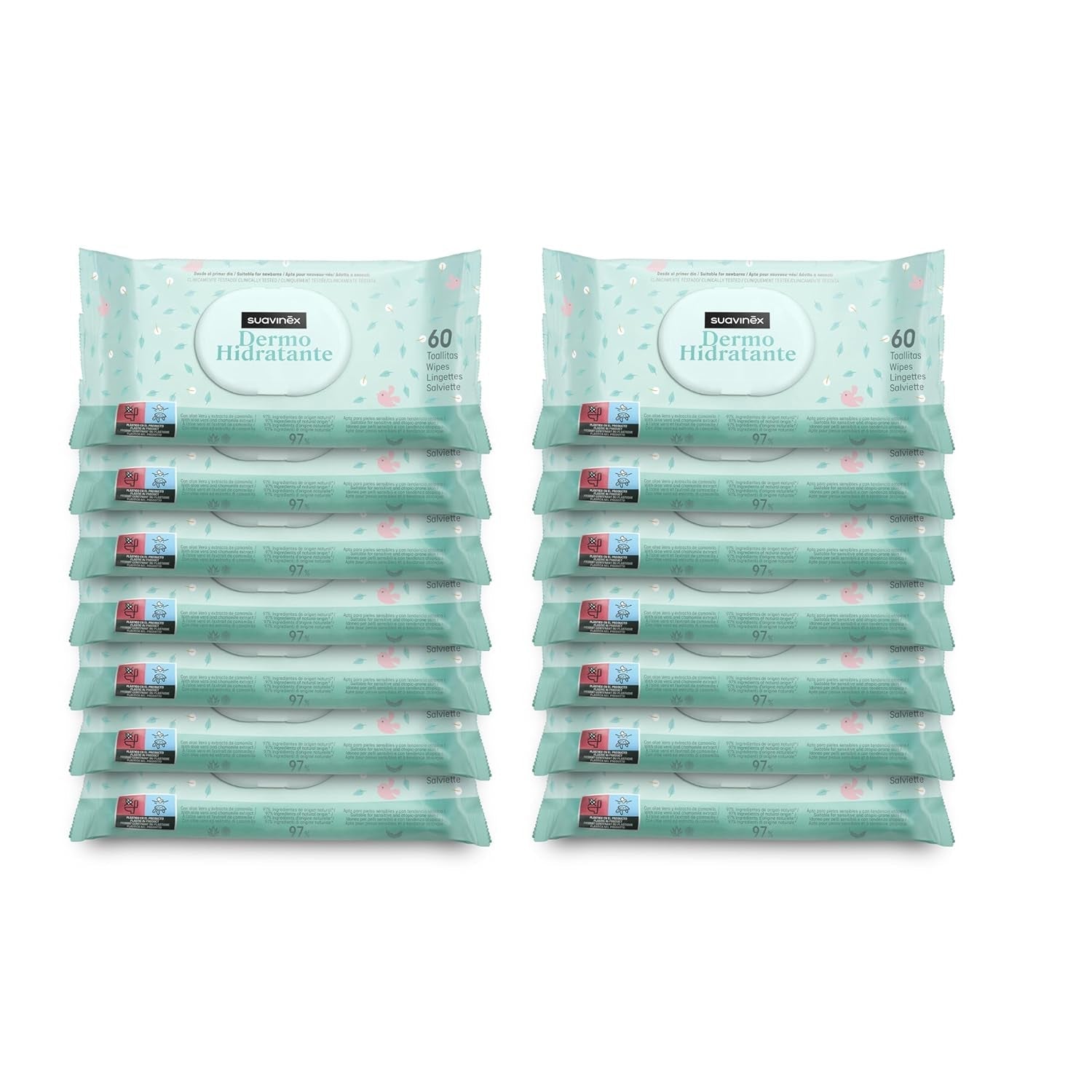 Suavinex 14 paket med 60 babyvåtservetter (840 våtservetter totalt), återfuktande, lämplig för atopisk hud, 95 % naturliga ingredienser