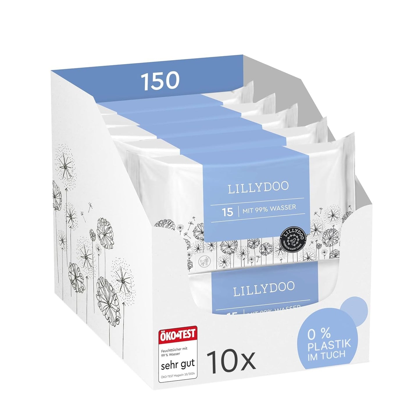 LILLYDOO Gröna våtservetter, 600 antal (10 x 60), 100 % plastfri tårbeständig våtservett - Doftfri, skonsam och naturlig, skonsam rengöring för känslig hud, dermatologiskt testad