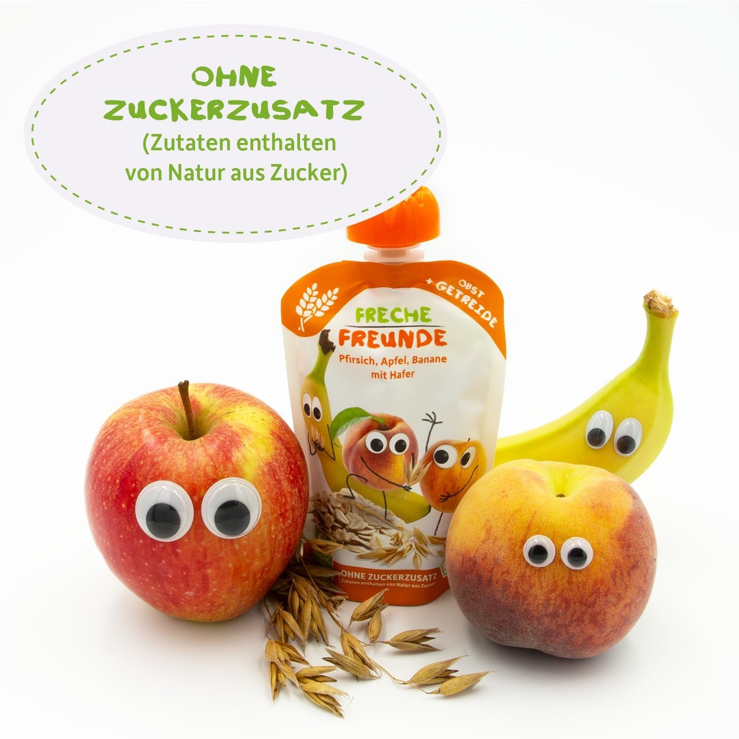 FRECHE FREUNDE Persika Äppel Banan Havre Ekologisk fruktpuré med spannmål i en klämbar påse för bebisar 6 månader+ Vegansk 6-pack (6 x 100 g)