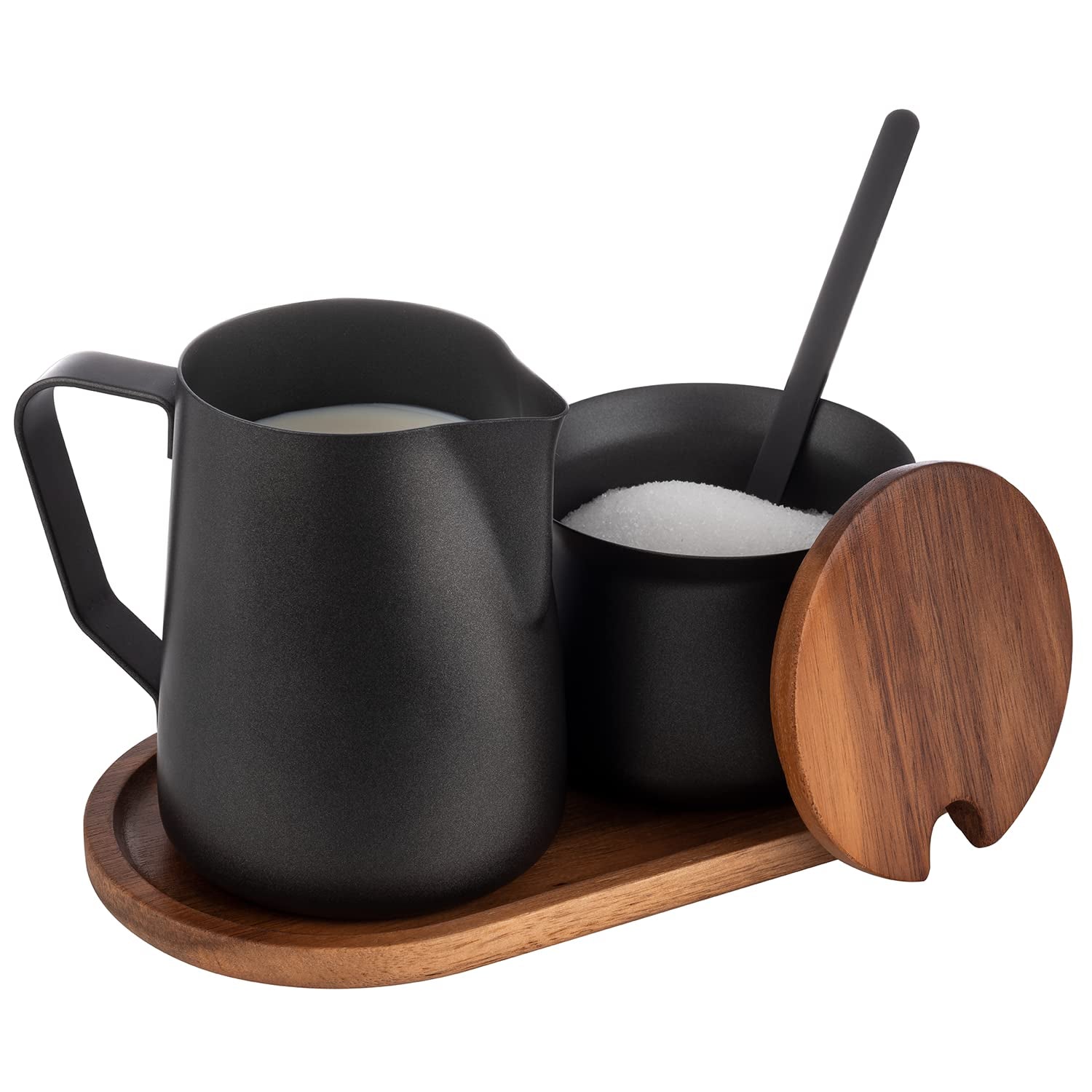 Mjölk- och sockerset APS 634, 5-delat set, akaciaträ, rostfritt stål, non-stick beläggning, svart