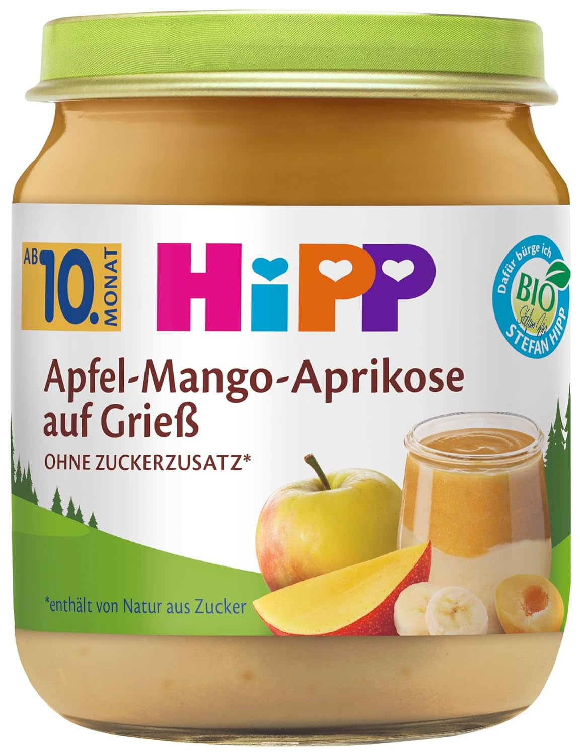 HiPP Ekologisk Äppel-Mango-Aprikos på mannagryn (6 x 200g), från 10 månader, utan tillsatt socker, av bästa ekologiska kvalitet