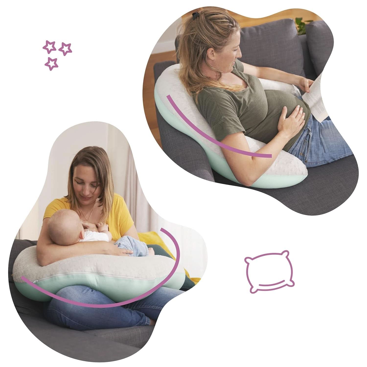 Badabulle Amningskudde och fluffig gravidkudde, 150 cm, med överdrag, ergonomisk form Tillbehör Mat och Amning Bebe Naty Shop