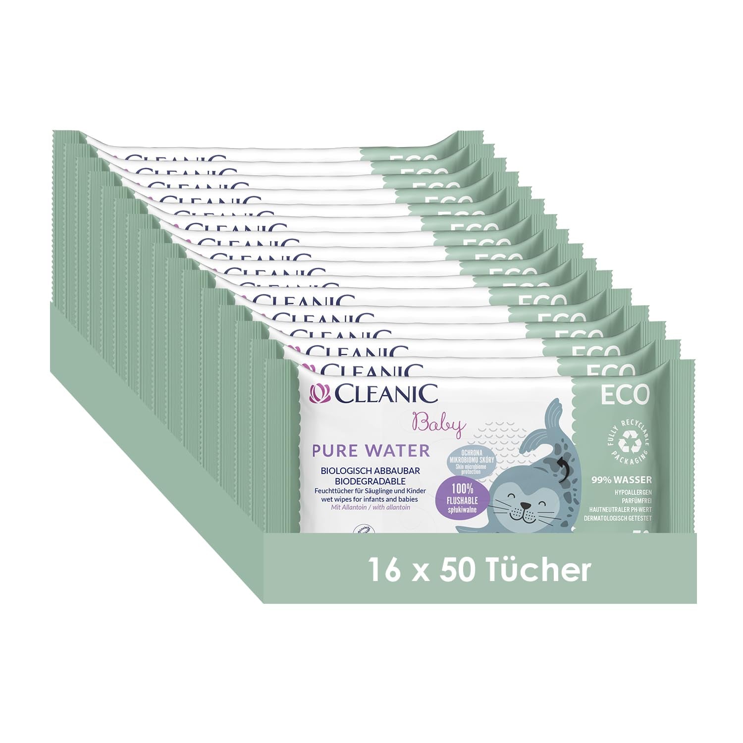 Cleanic Baby Eco Pure Water Wet Wipes – (1 x 50 st.) Våtservetter för barn och spädbarn – parfymfri, sköljbar, känslig hud – 50 st.