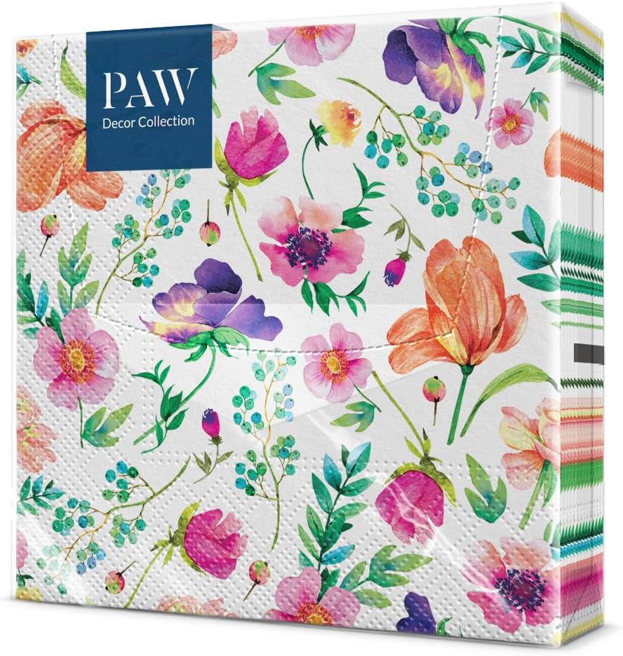 PAW - 3-skiktsservetter (33 X 33 Cm) I 20 delar I Perfekt för födelsedagar, fester, bröllop, nattvard och helgdagar I Bordsdekorationer Färgglada pappersservetter - Färgglada blommor Flora I Blomarrangemang