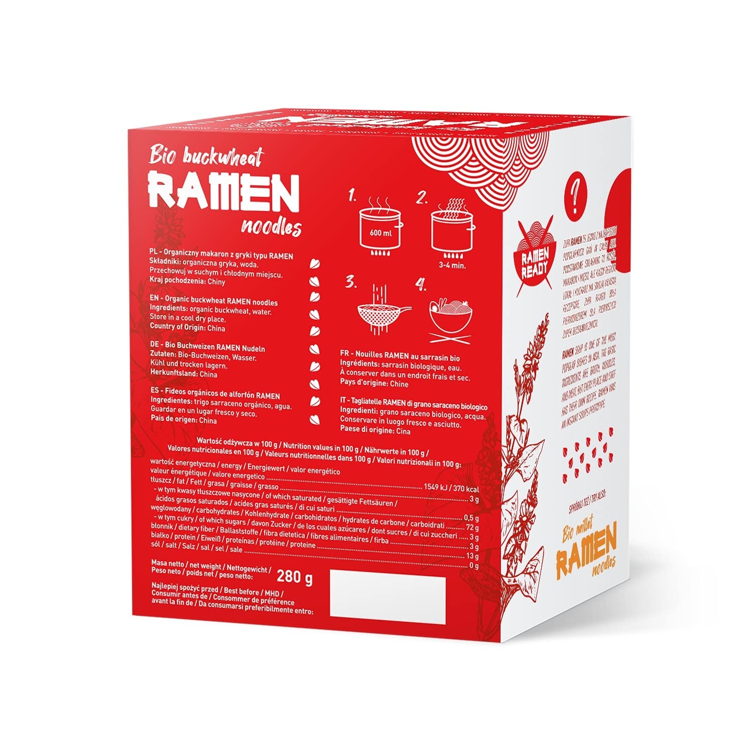 DIETMAT Ekologiska bovete Ramen nudlar, vegetarisk och vegansk mat, fettfri, sojafri, glutenfri, vattenlösliga dietnudlar, lågkalori, 280 g
