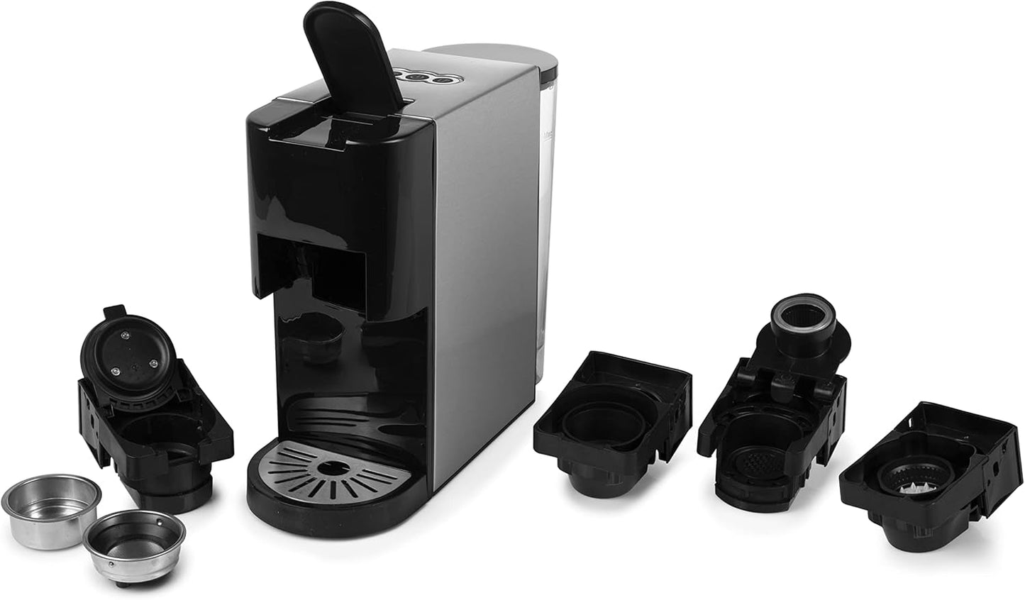 Princess 5 i 1 multikapsel espressomaskin - kompatibel med Nespresso, Dolce Gusto, Lavazza a Modo Mio och ESE-kuddar, 0,8L Kapacitet, 1450W, Silver, Svart