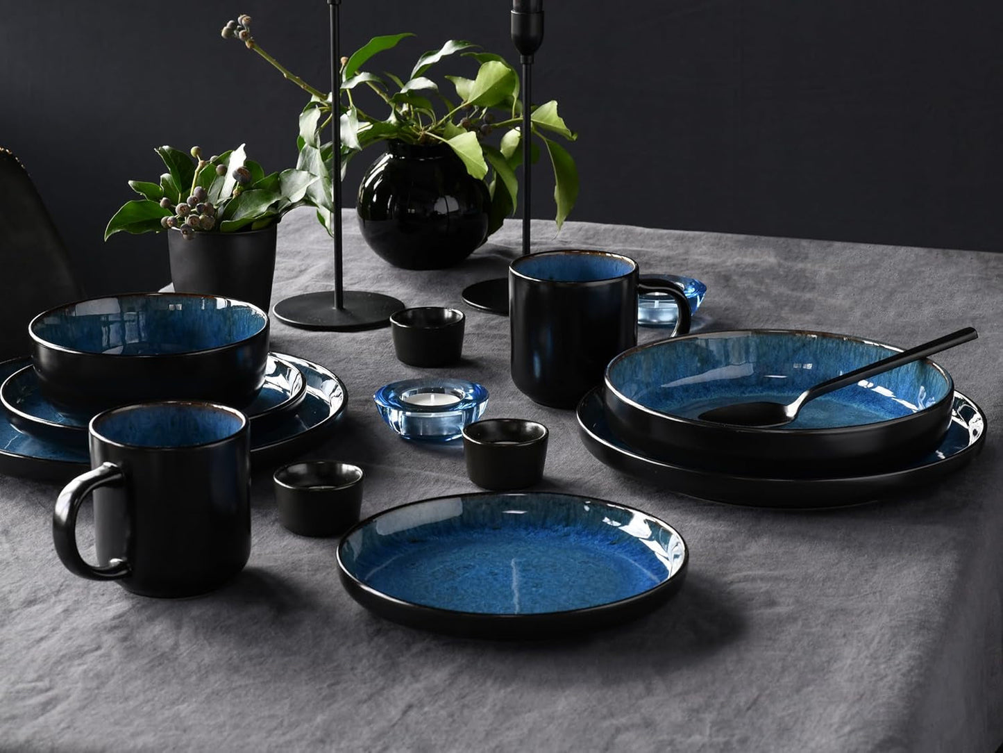 CreaTable, 20149, Nordic Fjord Blue Series, 16-delat servisset för 4, kombinerad porslinsservice, diskmaskin och mikrovågssäker, kvalitetstillverkning