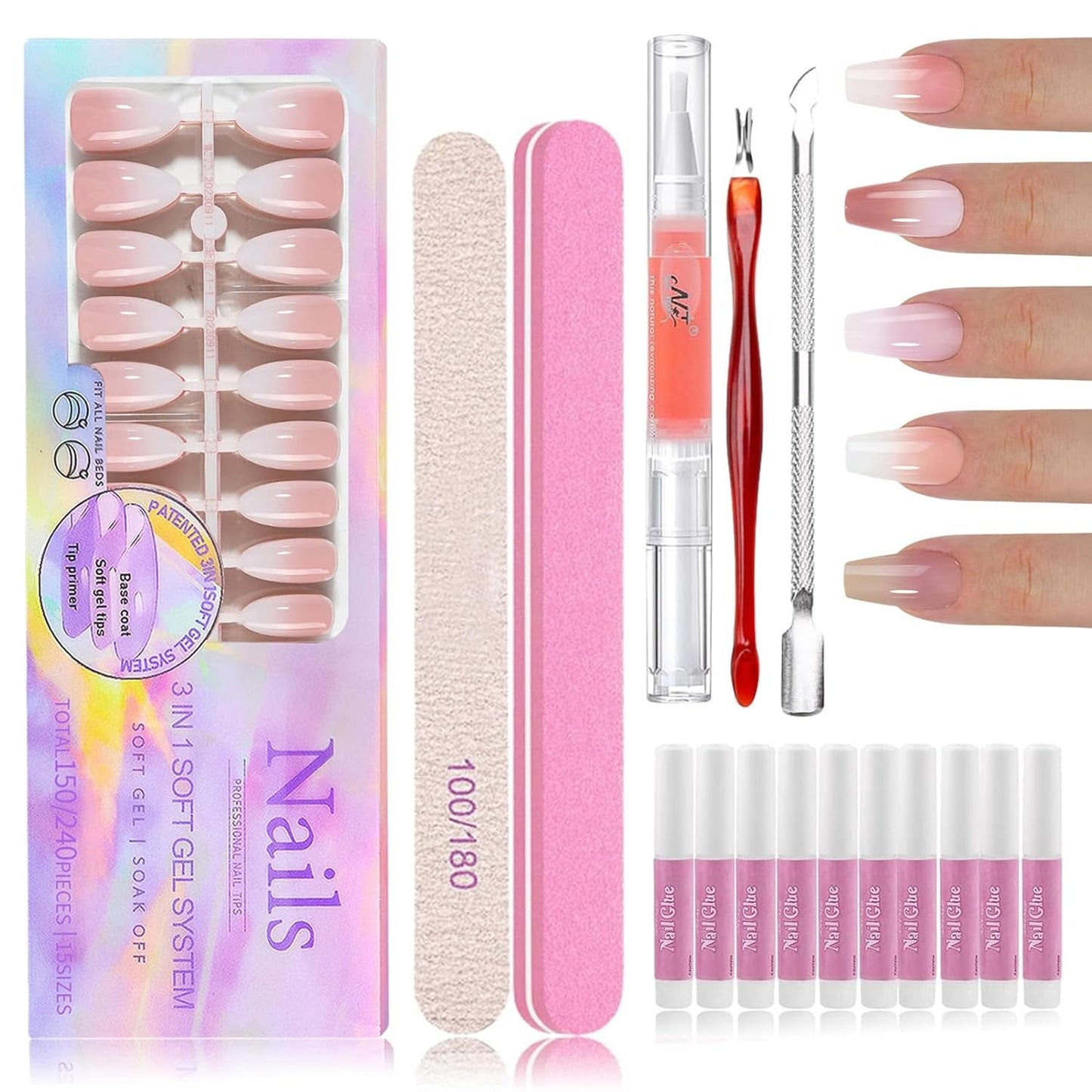 150 st Gradient False Nails Kit - 5 färger Ombre Design Självhäftande konstgjorda naglar - Heltäckande för kvinnor och tjejer - Glansiga lösnaglar för gör-det-själv-manikyr (fyrkantig)