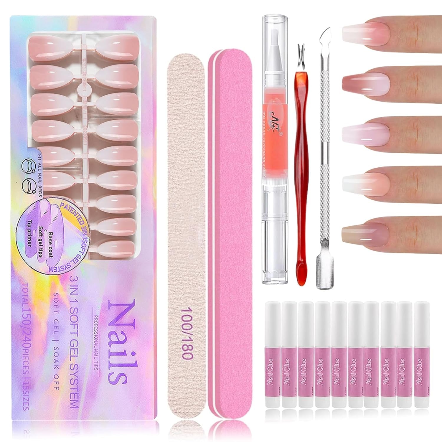 150 st Gradient False Nails Kit - 5 färger Ombre Design Självhäftande konstgjorda naglar - Heltäckande för kvinnor och tjejer - Glansiga lösnaglar för gör-det-själv-manikyr (fyrkantig)