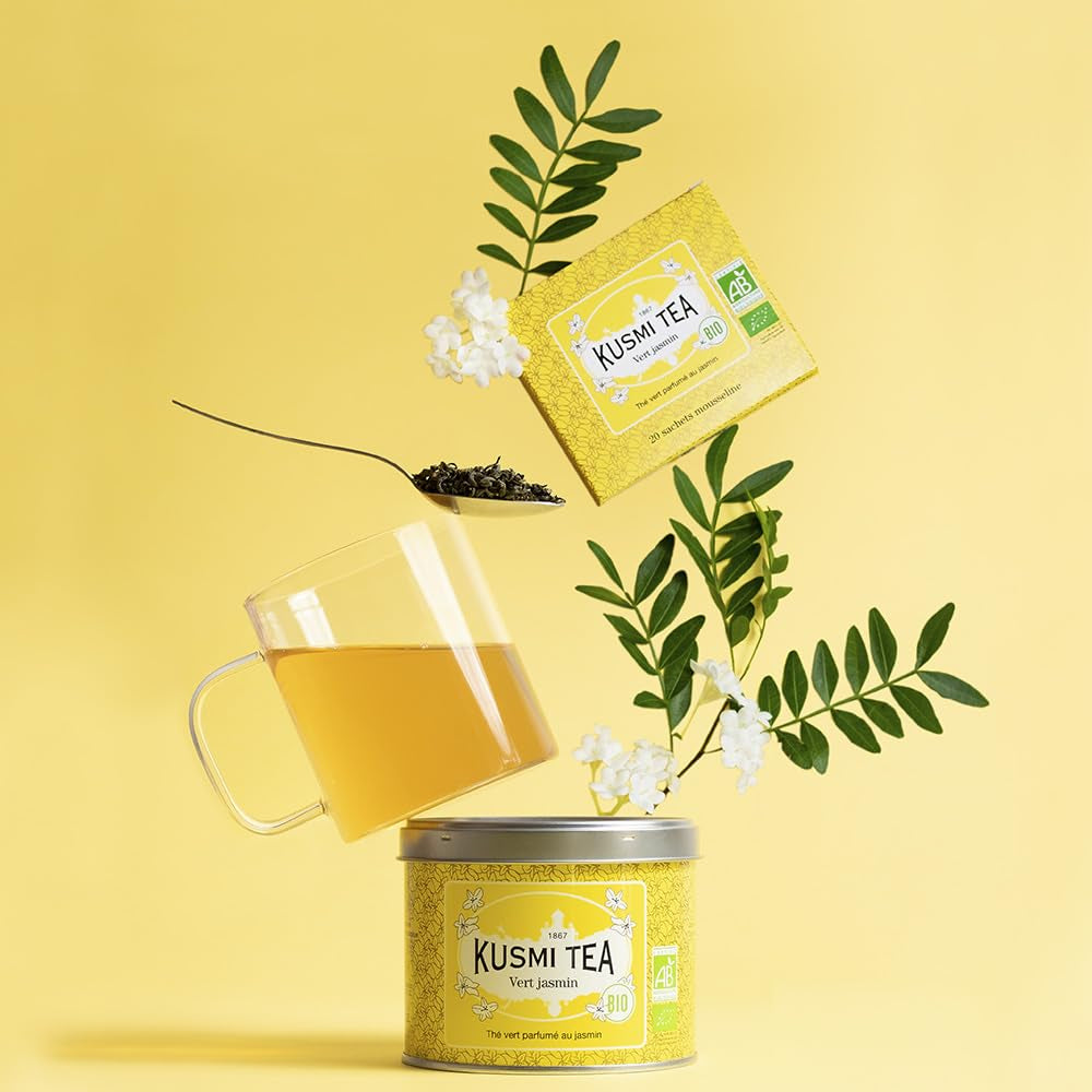 Kusmi Tea - Paket med 2 - Jasmine Green Tea - Ekologisk Jasmine Green Tea Blend - 100 % ekologiskt grönt te - Kan konsumeras varmt eller kallt - 2X20 tepåsar