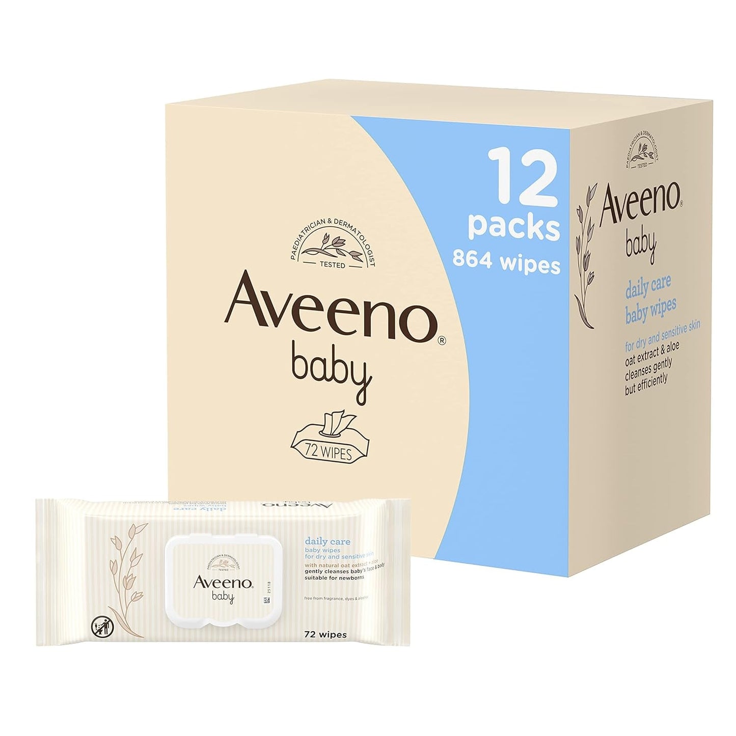 Våtservetter för daglig vård, rengör skonsamt och effektivt känslig hud, Baby Essentials, Vita, 12 delar (Totalt 864 våtservetter)