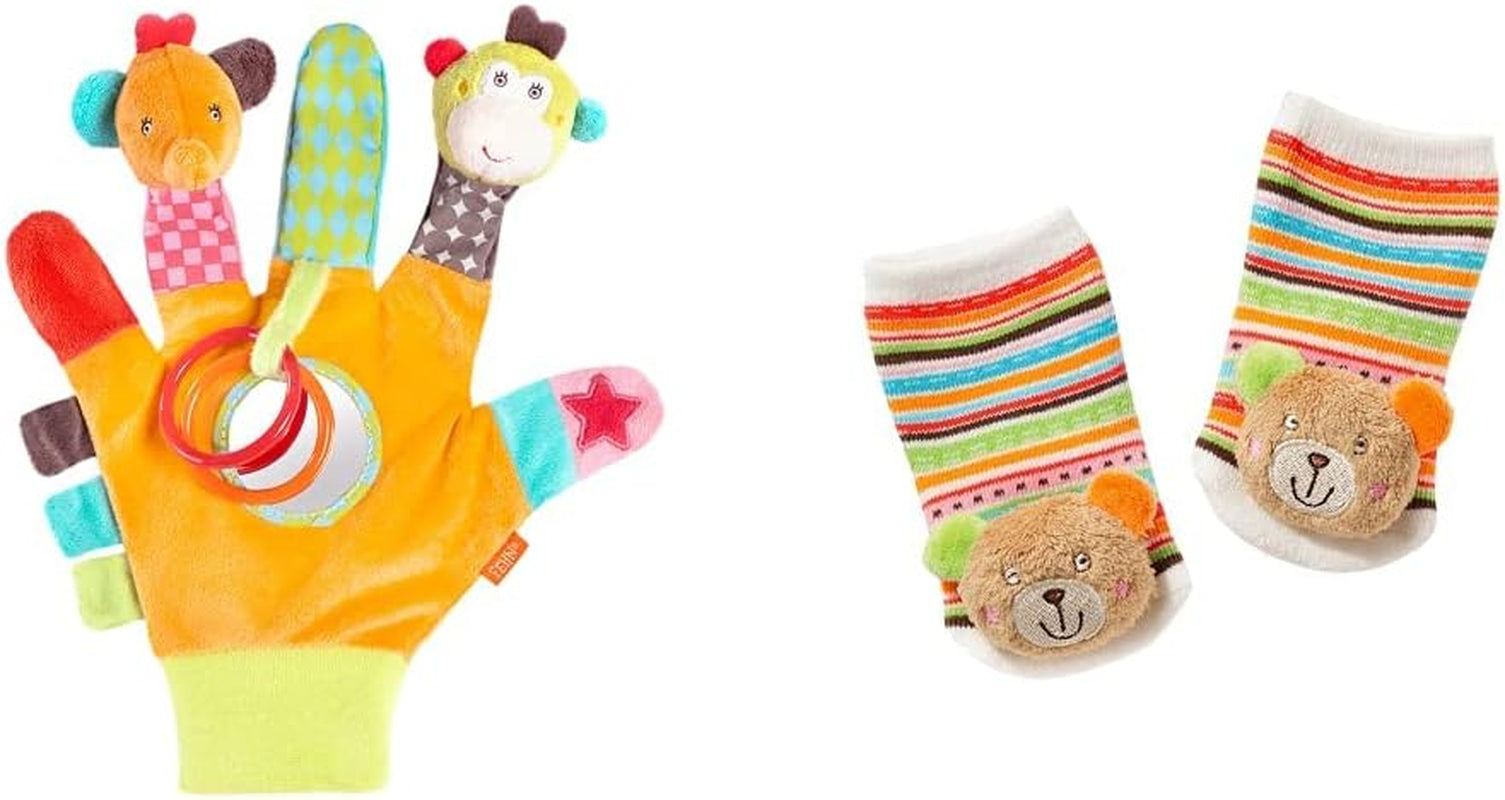 Fehn lekhandskesafari - apa- och elefantfingerdockor för barn & unicorn bell strumpor för barn - barnstrumpor med klockfunktion och enhörningshuvud - stimulera motorik och sinnen Bebe Toys Naty Shop Safari Plysch Rattle Socks Pack