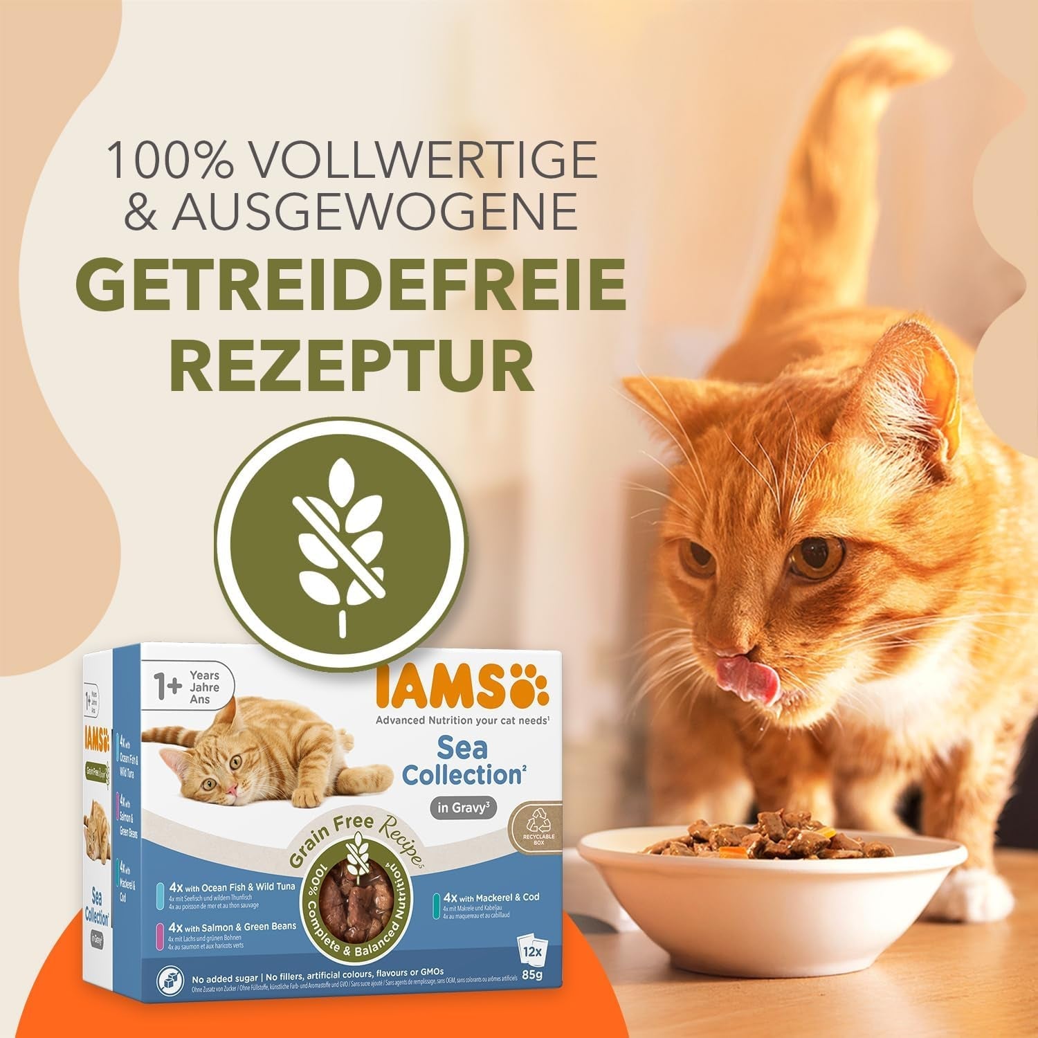 IAMS Delights Sea Collection Spannmålsfritt våtmat för katter - Multipack med olika fisk i sås, spannmålsfritt våtfoder för katter från 1 år, 12 x 85g