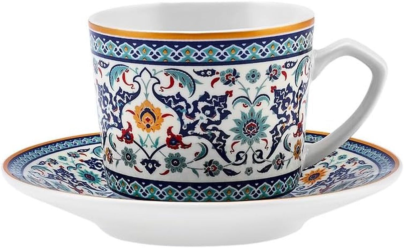 KARACA Beylerbeyi - 12-delat turkiskt kaffekoppset Porslin Espressokopp Set om 6 med fat 80ml Espressokoppset Traditionell design - Blå