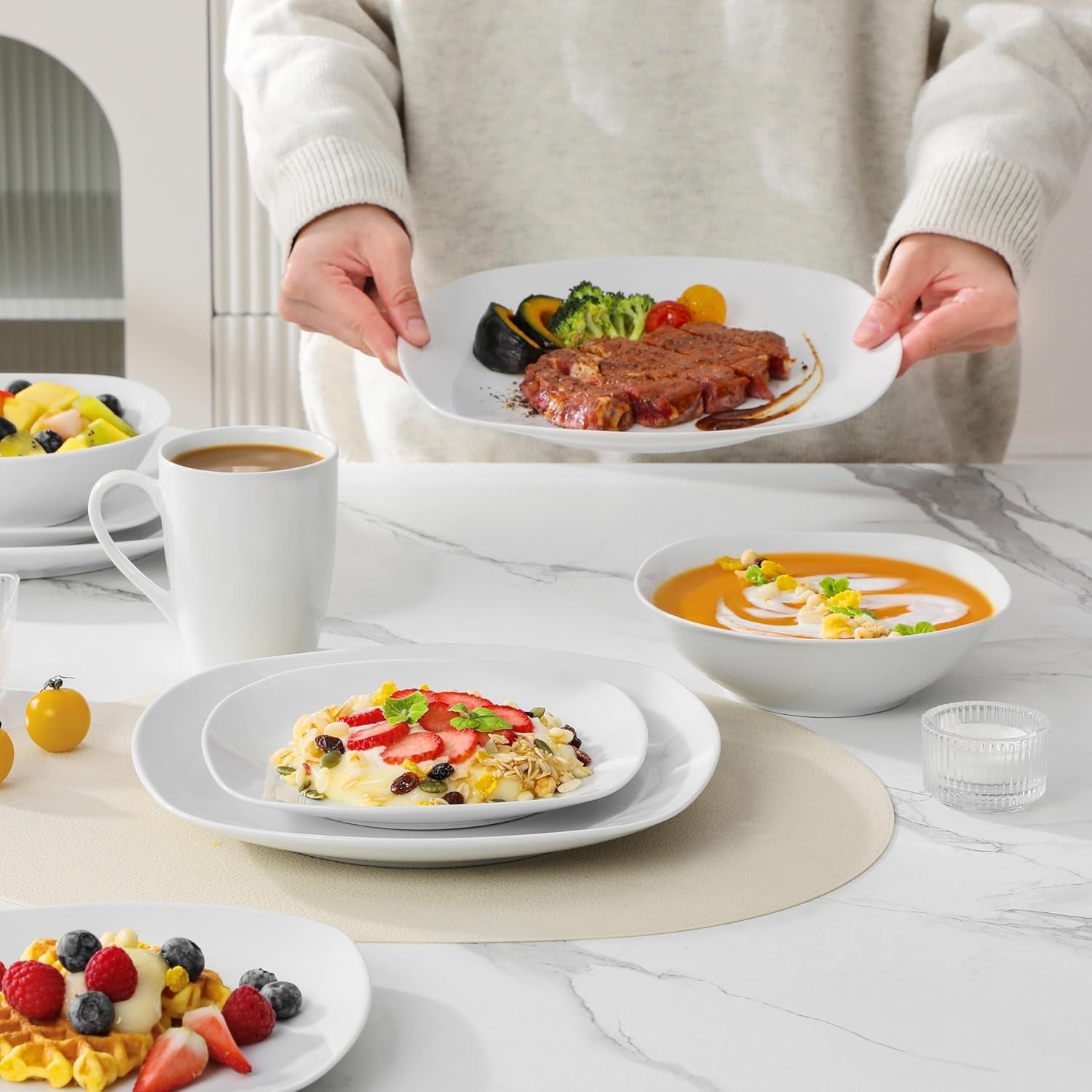 MALACASA servisset för 4, 16-delat porslinsservis, modernt servisset med 4 mattallrikar, desserttallrikar, suma tallrikar och koppar, ELISA-serien