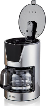 Cloer 6-kopps filter espressomaskin, skonsam varmhållningsfunktion, glaskaraff, mätsked, vattennivåindikator, antidroppsystem, automatisk avstängning, filterstorlek 1x2, 550W, rostfritt stål