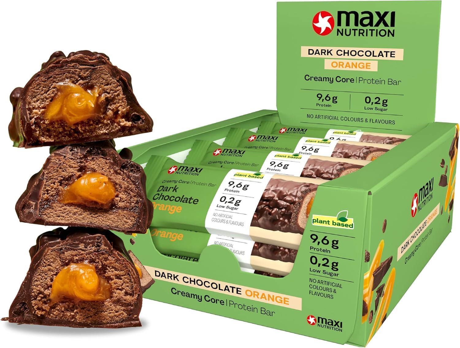 MaxiNutrition Krämig vegansk proteinbar med choklad, jordnötter och kola 12x45g - vegansk proteinbar, 18% protein, 8,3g per bar, låg sockerhalt (0,9g), inget tillsatt socker, inga konstgjorda smakämnen