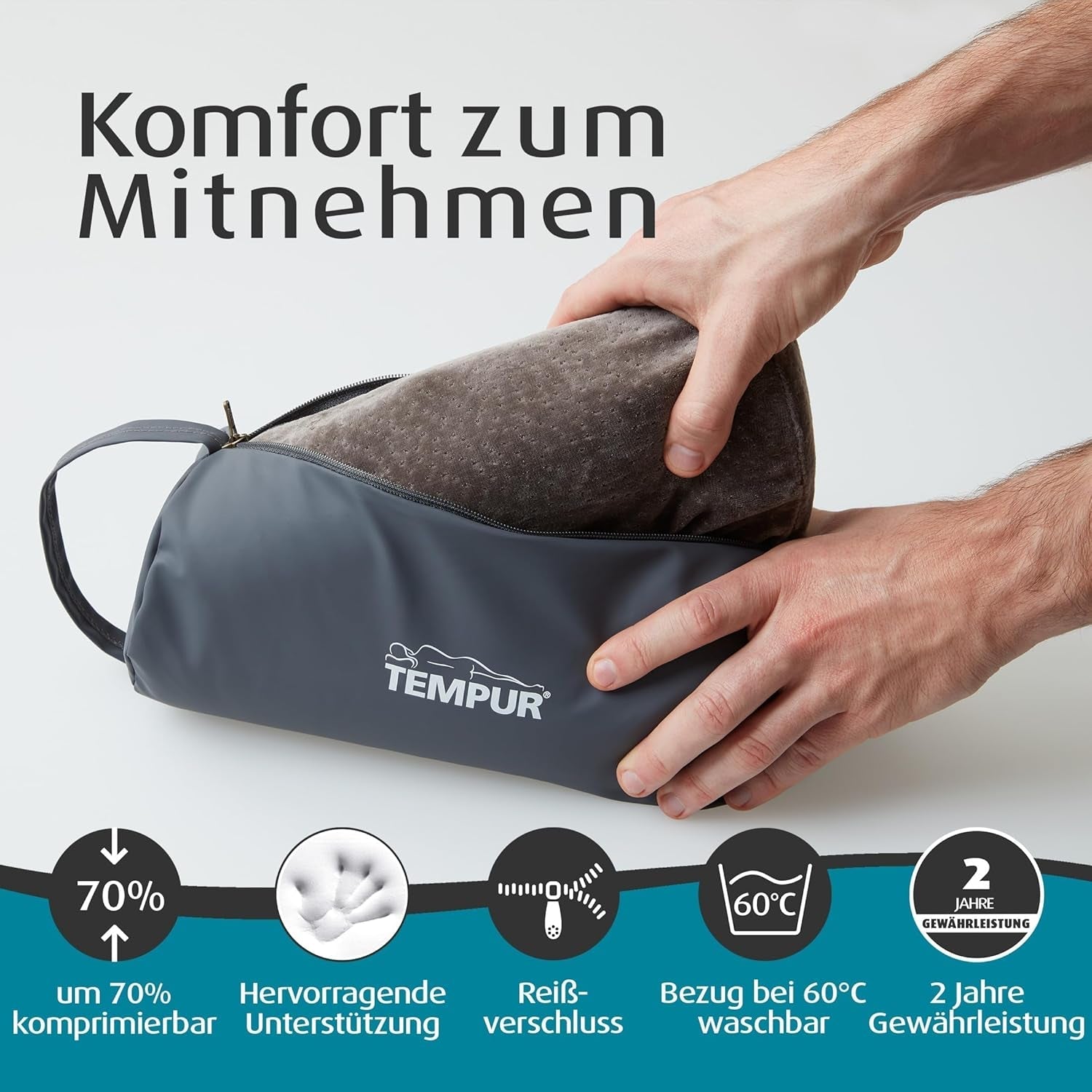 TEMPUR Memory Foam Resekudde, Ergonomisk nackkudde, inklusive bärväska, antracit, Mått 25 x 31 x 10/7 cm