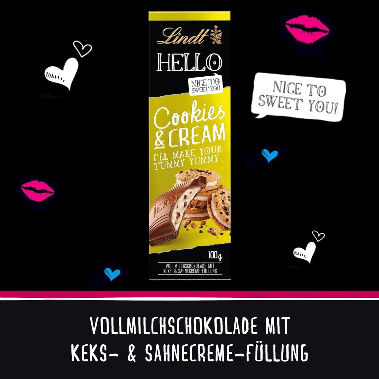 Lindt Hej Kakor & Gräddchoklad | Bar 100g | Mjölkchoklad med kakor och gräddfyllning | Chokladkaka | Choklad present