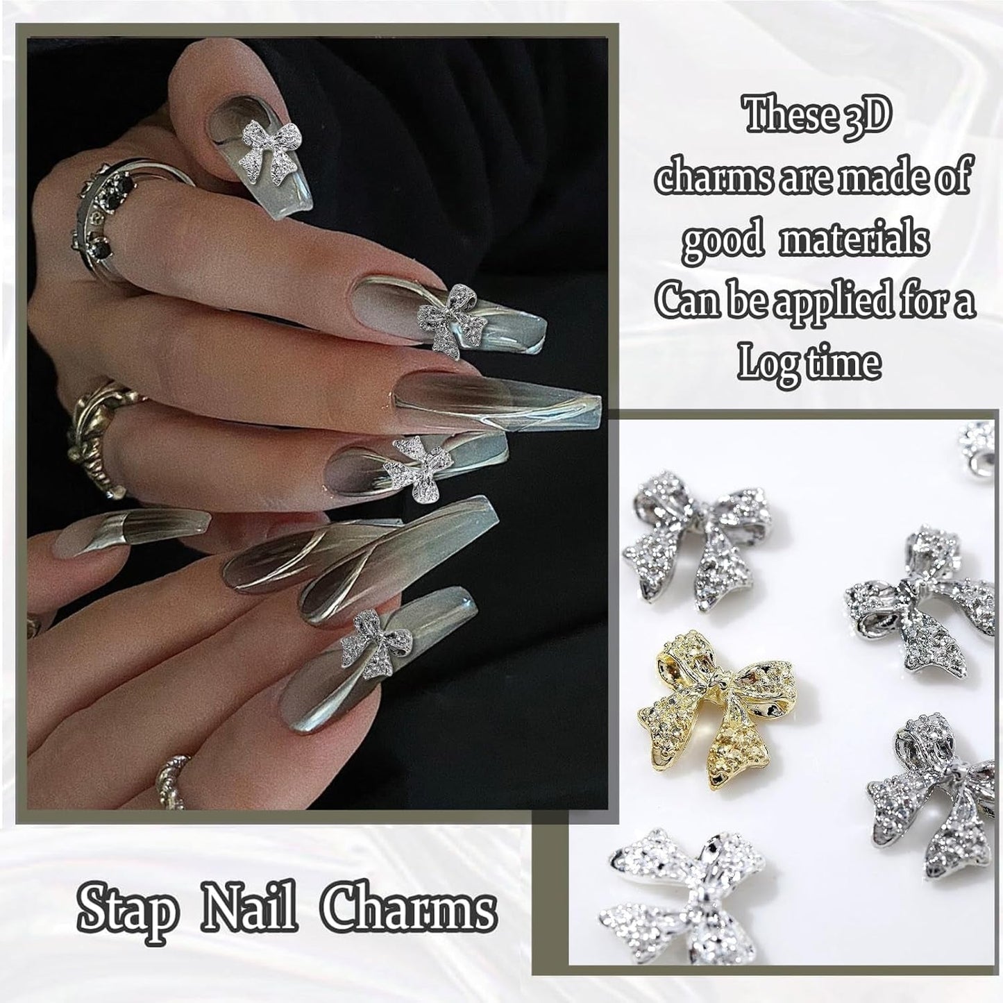 30st Nagelbågar i metall, Guld Silver Gråa rosetter, Nageltillbehör, Nageldekorationer för kvinnor och flickor, Nail Art Design